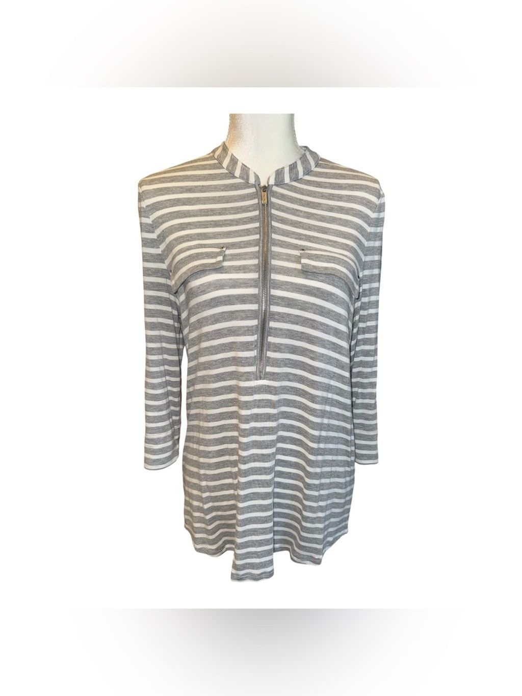 Calvin Klein Calvin Klein Grey and White Striped Half-Zip Tunic Top #86 Size L / US 10 / IT 46 - 3 Thumbnail