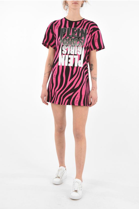 image of Philipp Plein Zebra Plein Girls Mini Tee Dress in Pink, Women's (Size Medium)
