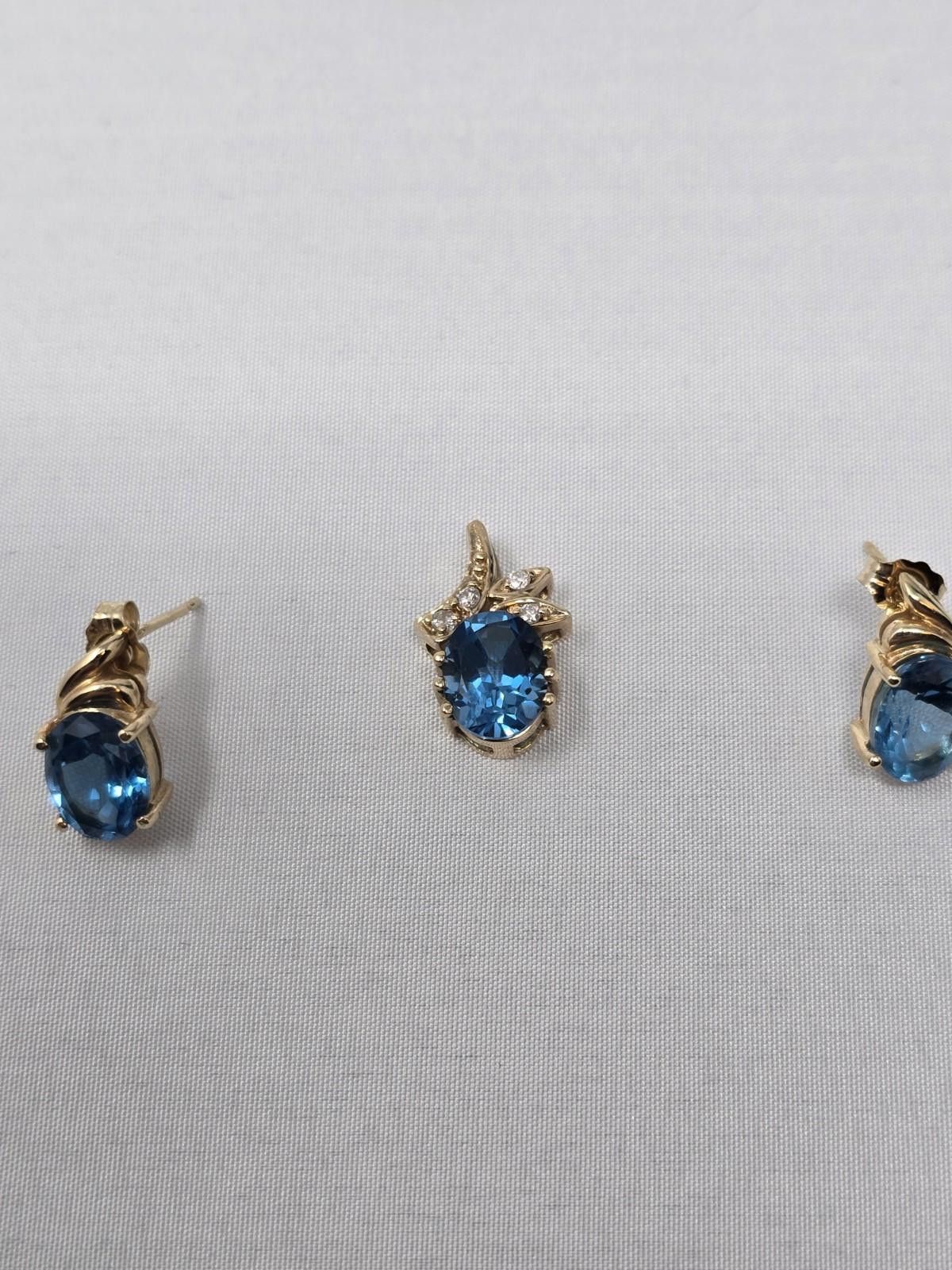 The Unbranded Brand 14K Gold Blue Topaz & Diamond Pendant Earring Set 5.5g Size ONE SIZE - 2 Thumbnail