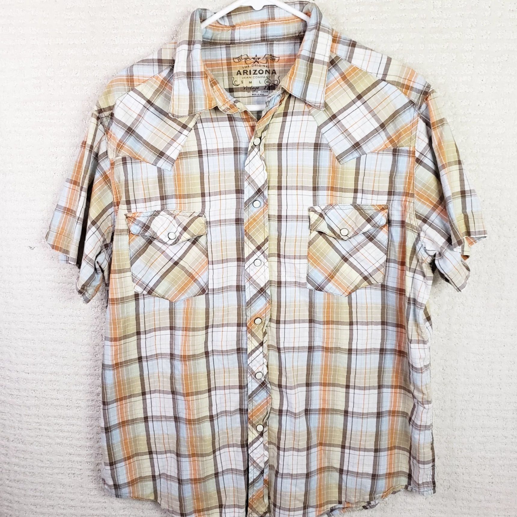 Vintage Mens AriZona Western Plaid Snap Shirt Short Sleeve XL Orange White Brown Size US XL / EU 56 / 4 - 2 Thumbnail