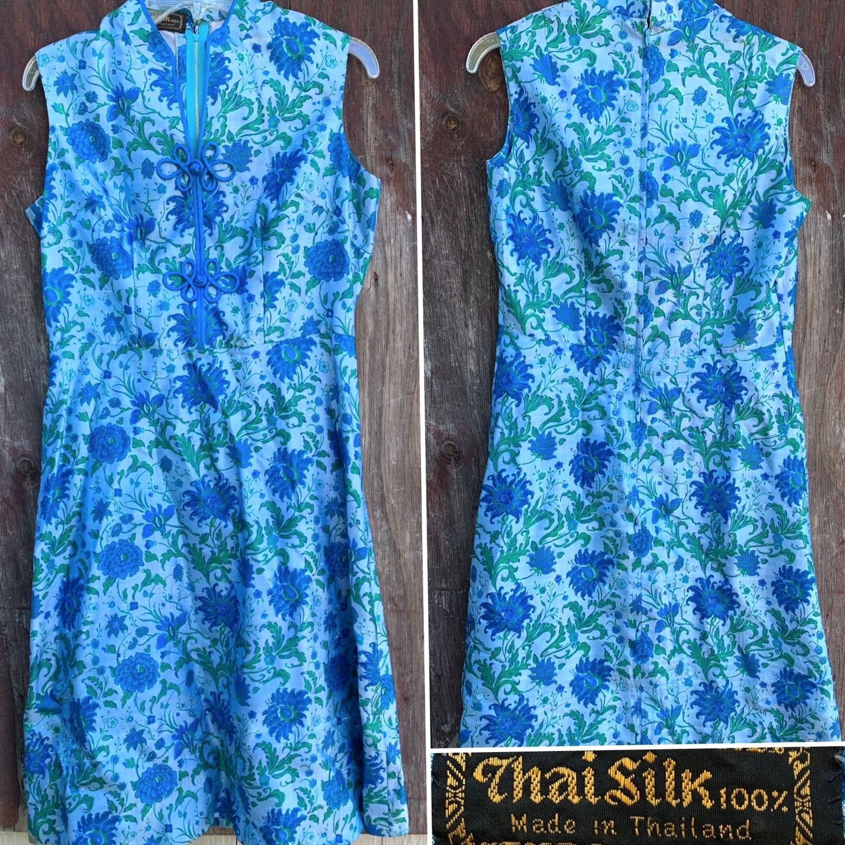 Vintage VINTAGE Thai Silk Dress Floral Metal Zipper cheongsam tiki mod Dress 100% Silk Blue 1960s Womens Size 4XL / US 24-26 - 2 Thumbnail