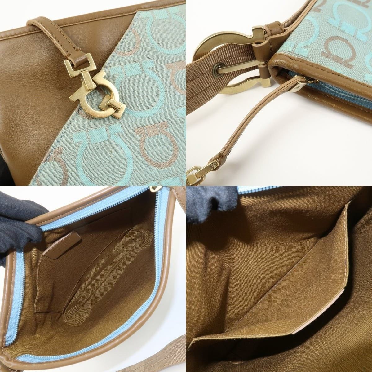 Salvatore Ferragamo Ferragamo Gancini Canvas & Leather Shoulder Bag Light Blue Size ONE SIZE - 7 Thumbnail