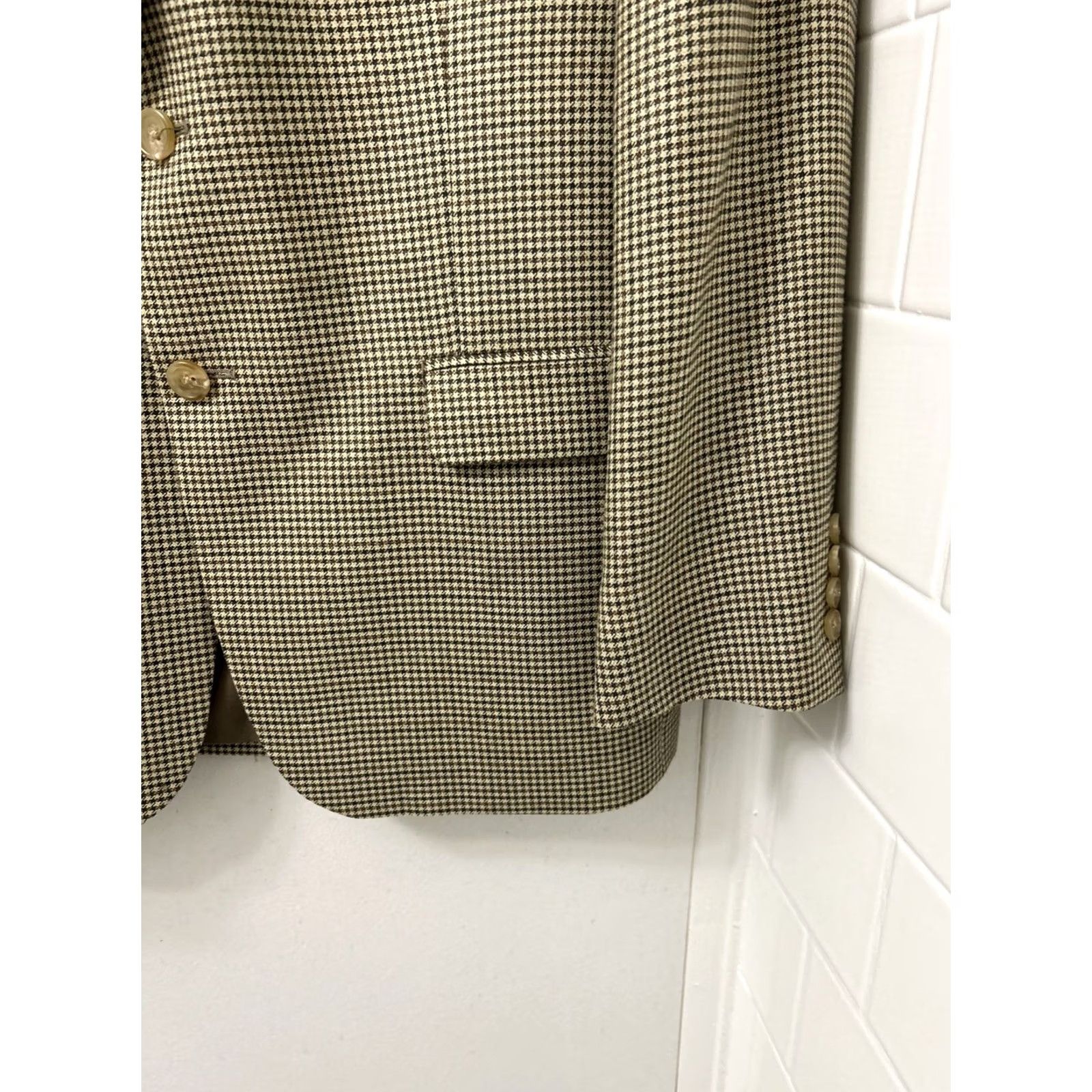 Ralph Lauren VINTAGE Lauren Ralph Lauren Blazer Mens 40S Brown Houndstooth Wool Silk Blend Regular Notch Lapel Two-Button Front Jacket Coat Classic Designer USA Size 40R - 4 Thumbnail