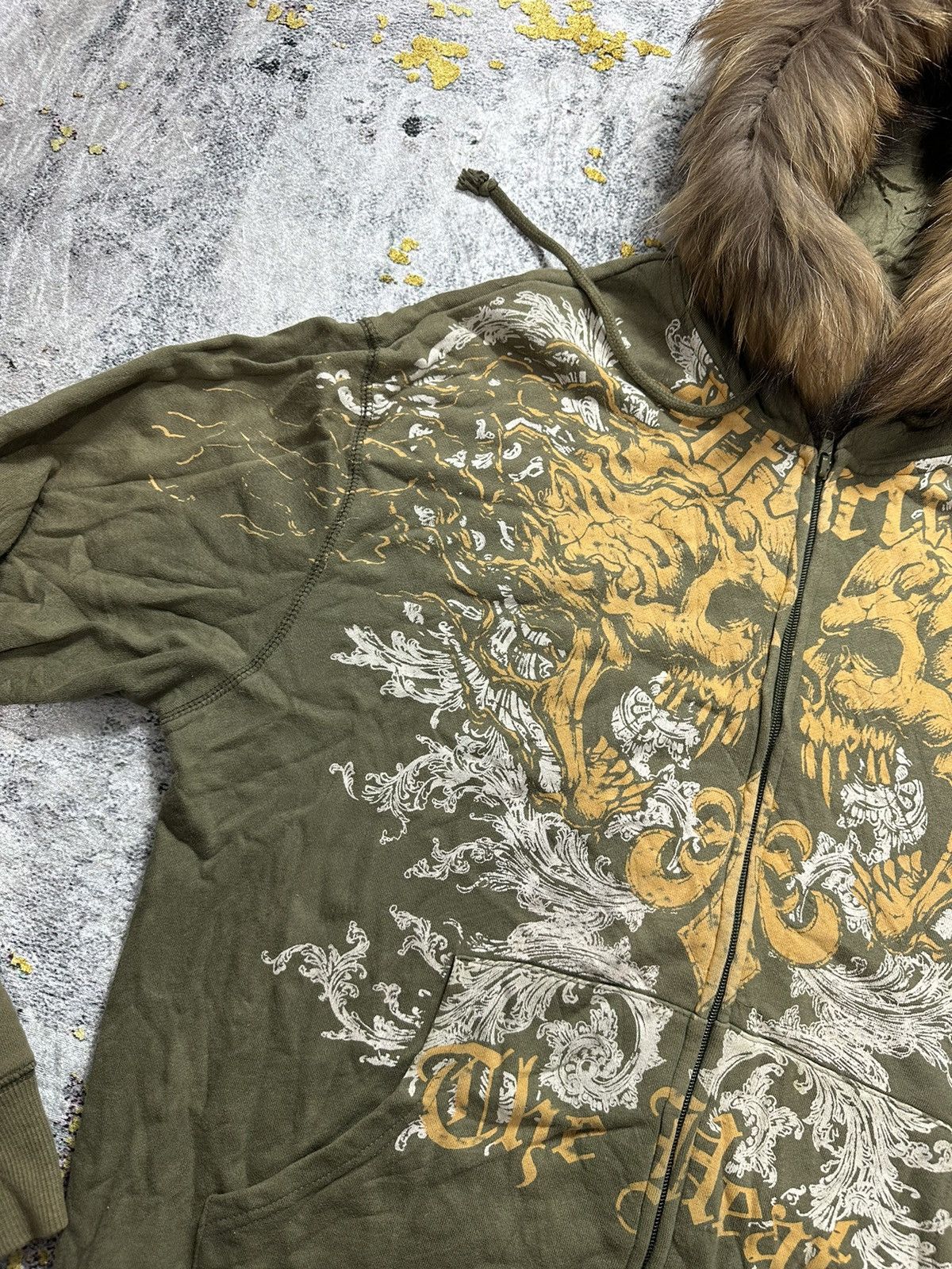 Japanese Brand CRAZY FADED AFFLICTION Fur ZipHoodie SKULL CROSS The Heat Size US XL / EU 56 / 4 - 4 Thumbnail