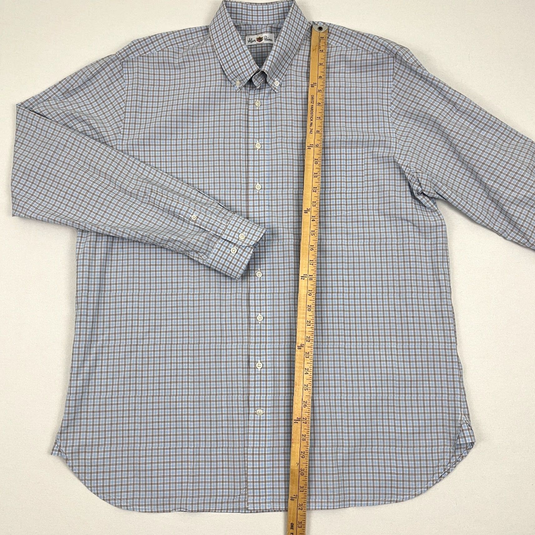 Vintage Alan Paine England Mens XL Blue Brown Plaid Button Down Shirt Business Casual Formal Workwear Shirt Size 46R - 5 Thumbnail