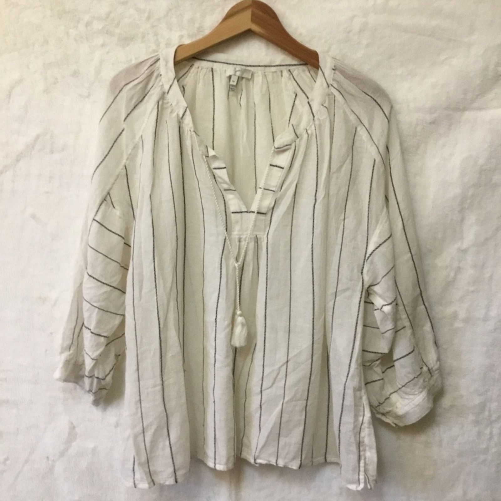 Joie Joie White and Black Striped Peasant Tassel Top Size M / US 6-8 / IT 42-44 - 2 Thumbnail