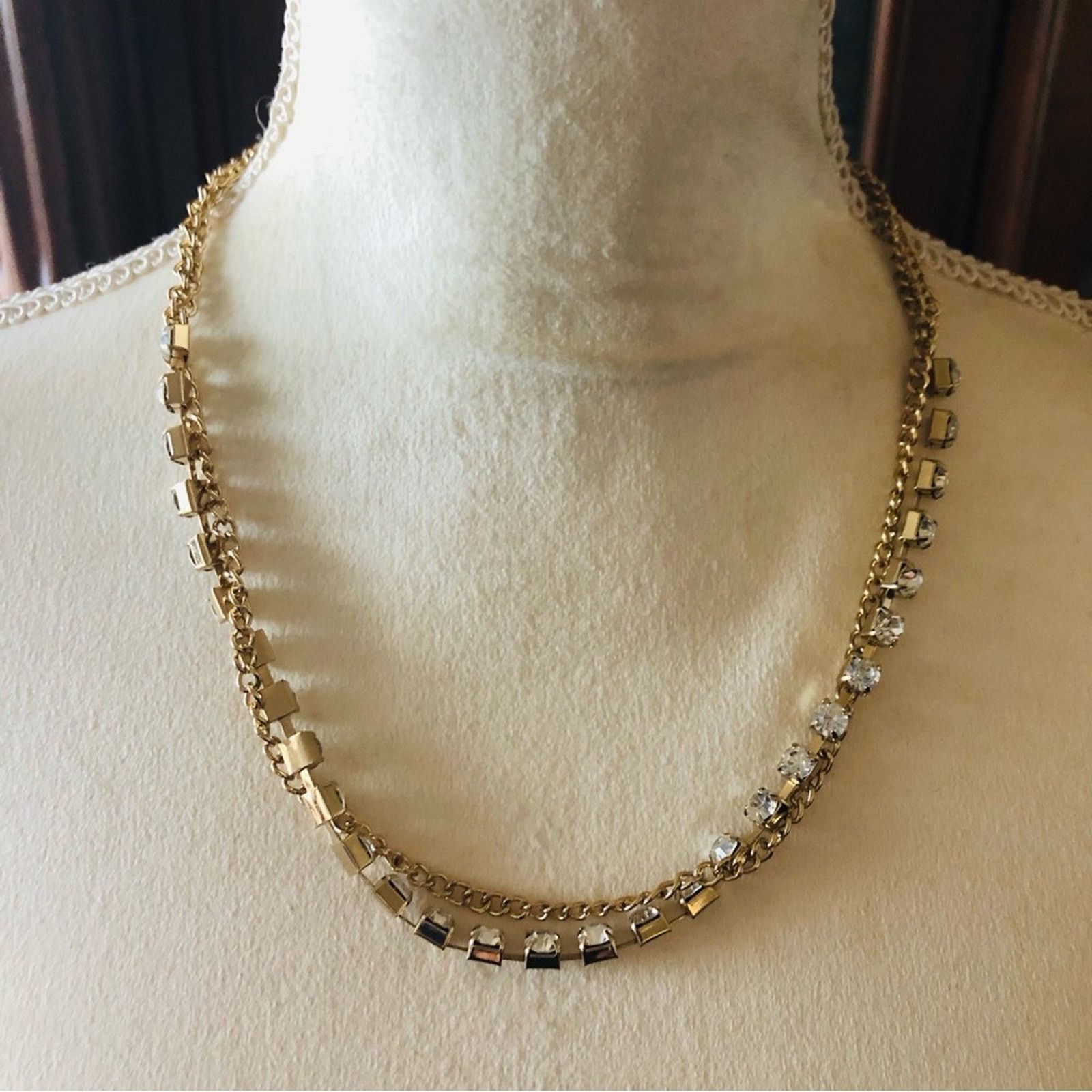 Jewelry Double strand gold chain clear rhinestone necklace Size ONE SIZE - 2 Thumbnail