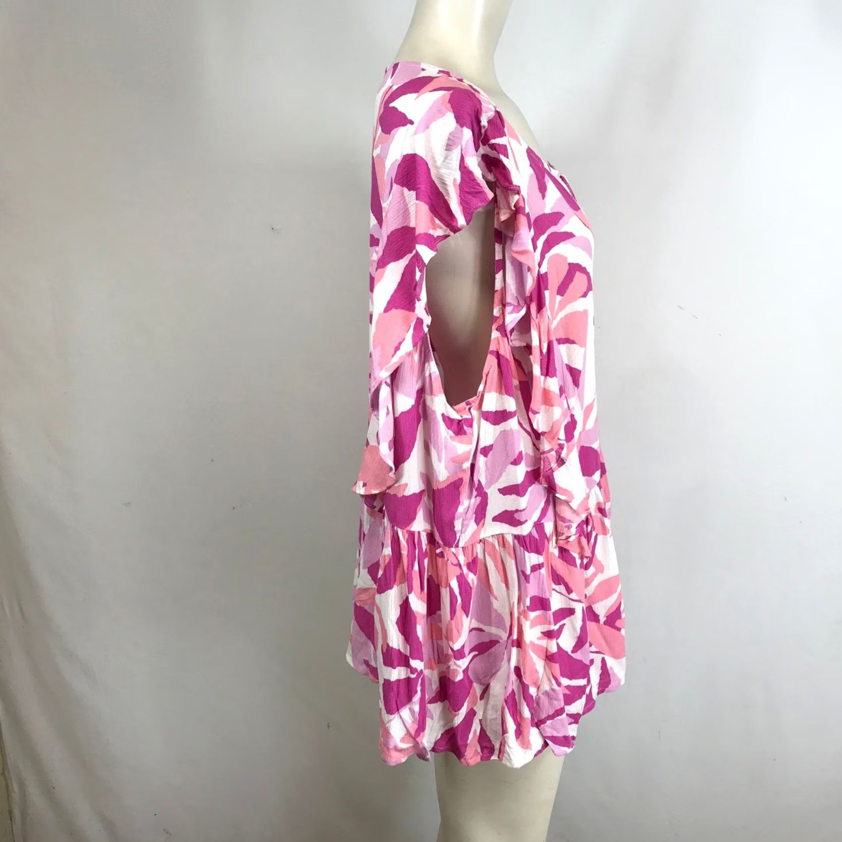 Vintage VINTAGE? No. Emily WONDER Women's 3X Pink White Floral Leaf Print Tunic Dress Ruffle Tie Neck Size XXL / US 16-18 / IT 52-54 - 4 Thumbnail