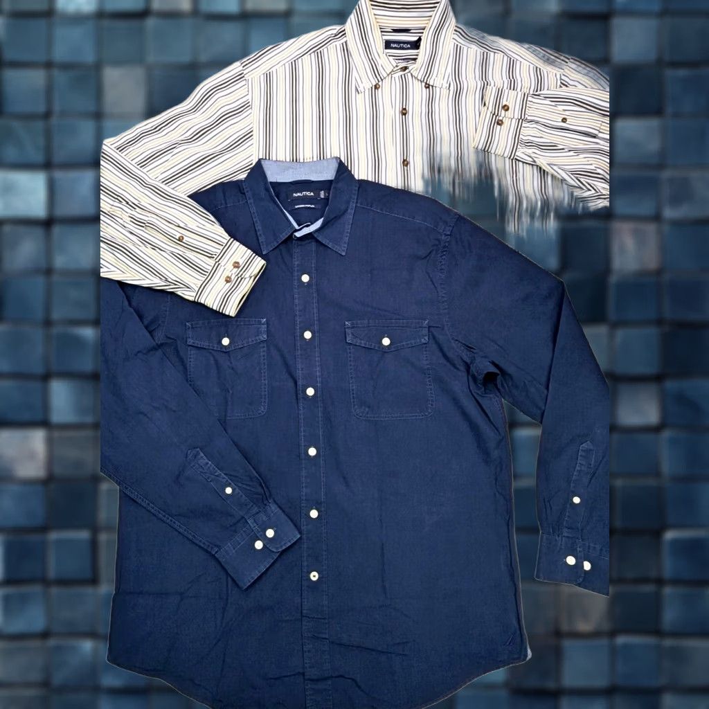 Nautica Nautica Dress Shirts LOT x 2 Sanded Poplin 80s 2-Ply Cotton Button LRG Men Size US L / EU 52-54 / 3 - 1 Thumbnail
