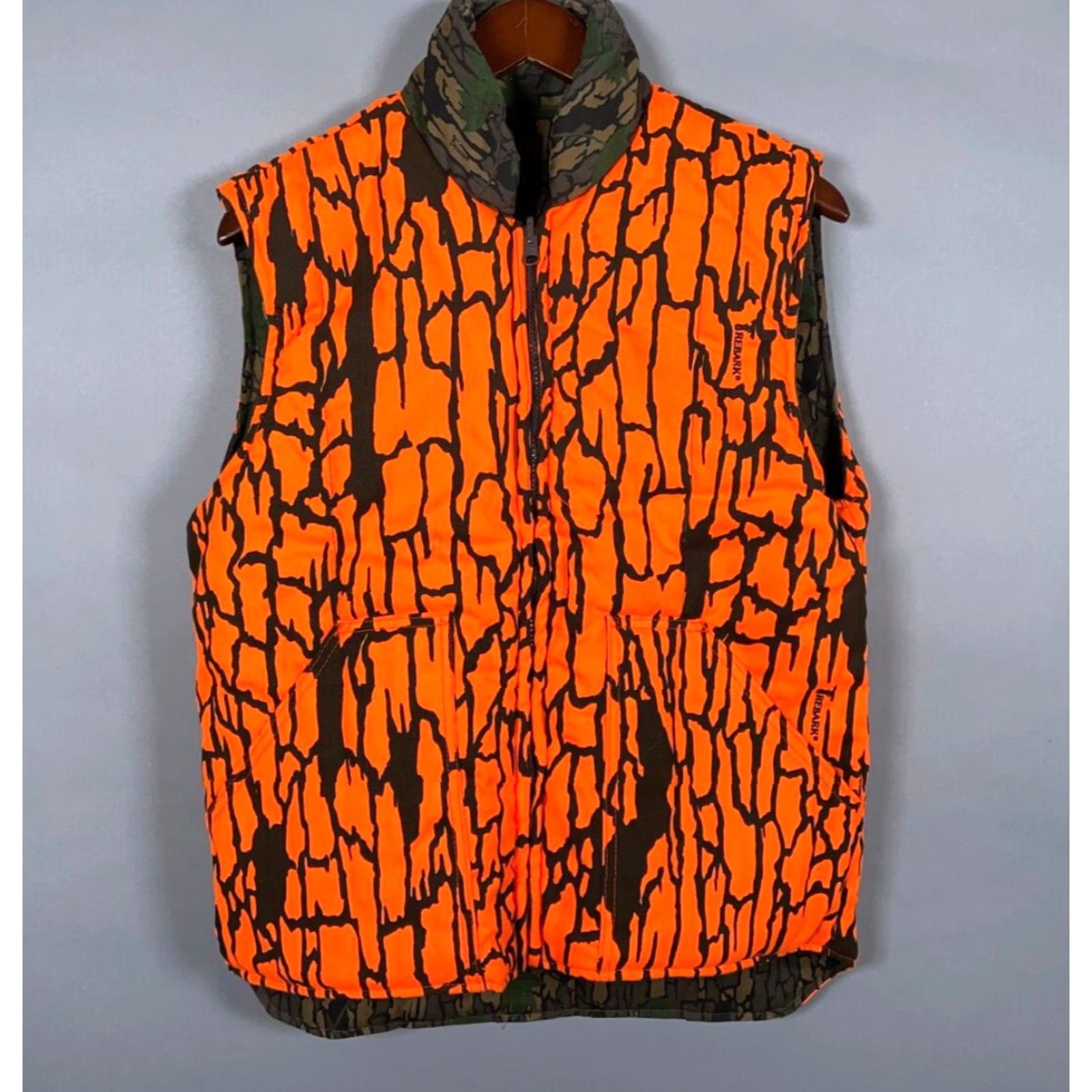 Vintage VTG Pella Reversible Camouflage Vest Zip Up Green Medium Trebark Blaze Orange Size 40R - 4 Thumbnail