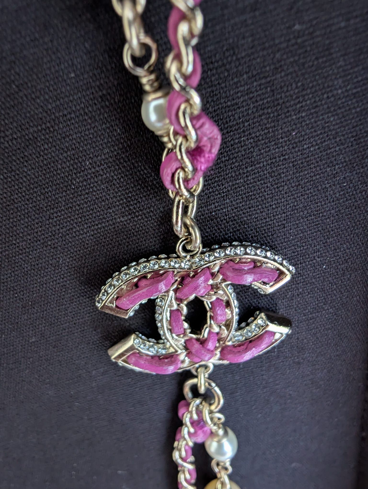 Chanel Chanel CC B21P Logo Pink Leather Pearl Crystal GHW Necklace Size ONE SIZE - 11 Thumbnail