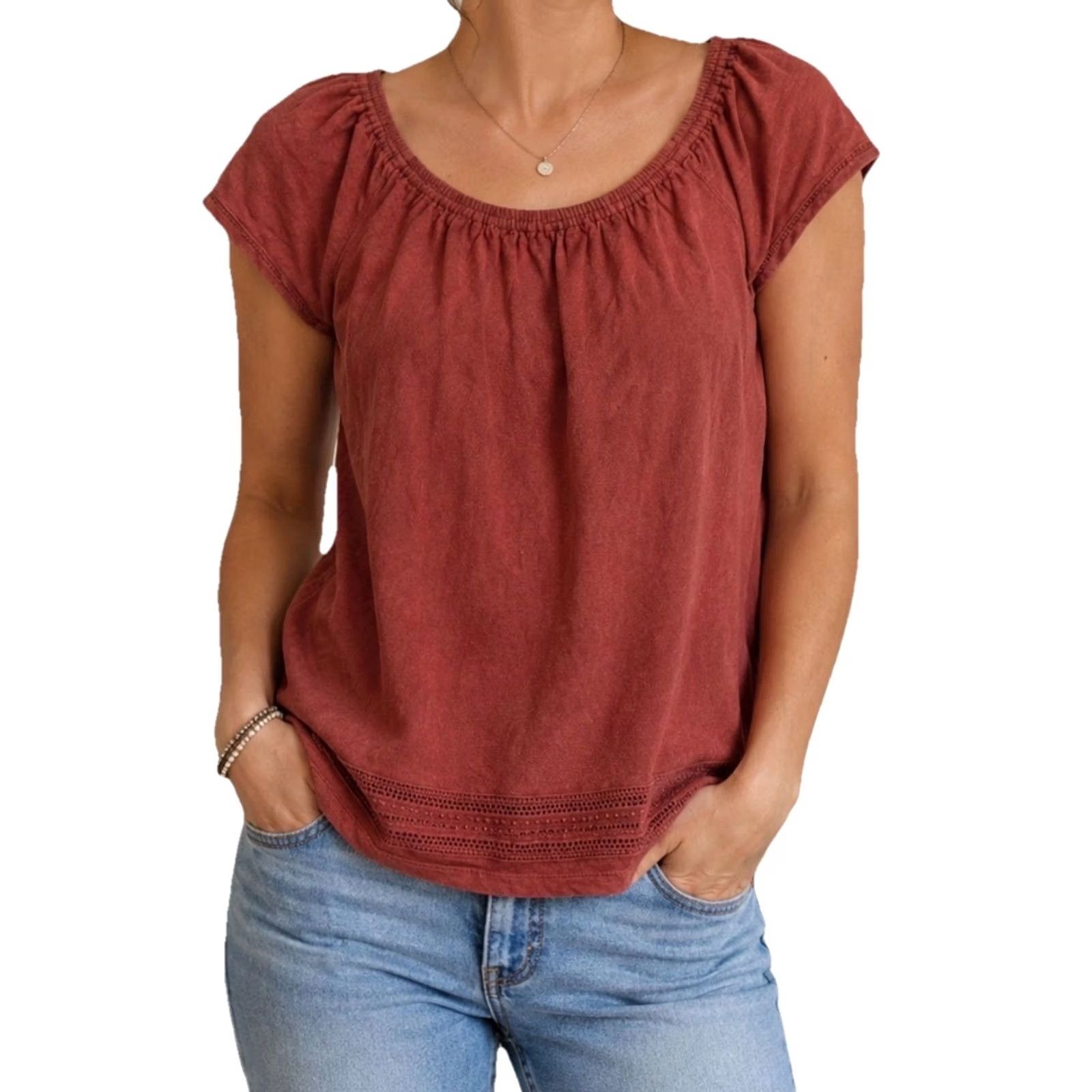 Vintage St. Tropez West 100% Linen Peasant Blouse Women’s S Rust Bohemian Cottagecore Cap Sleeve Crochet Trim Hem Casual Shirt Size S / US 4 / IT 40 - 2 Thumbnail