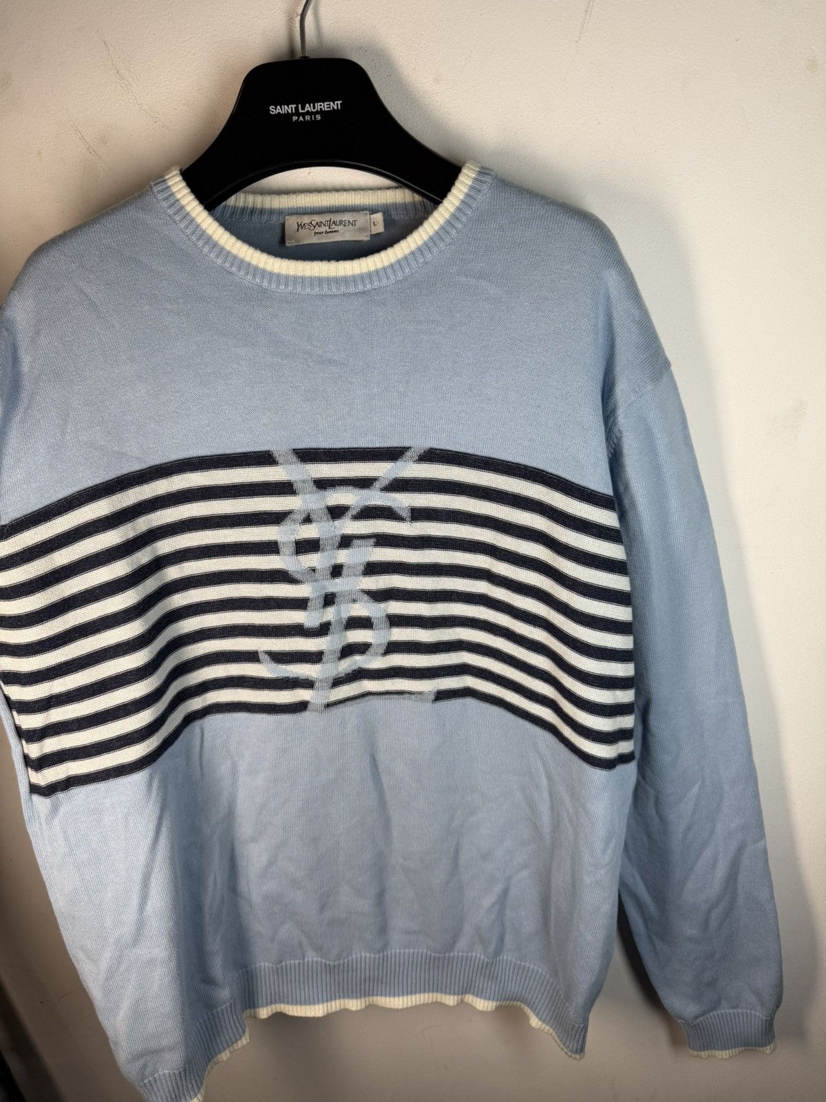 Yves Saint Laurent Blue YSL Sweater Knit Light Big Logo Size US L / EU 52-54 / 3 - 6 Thumbnail