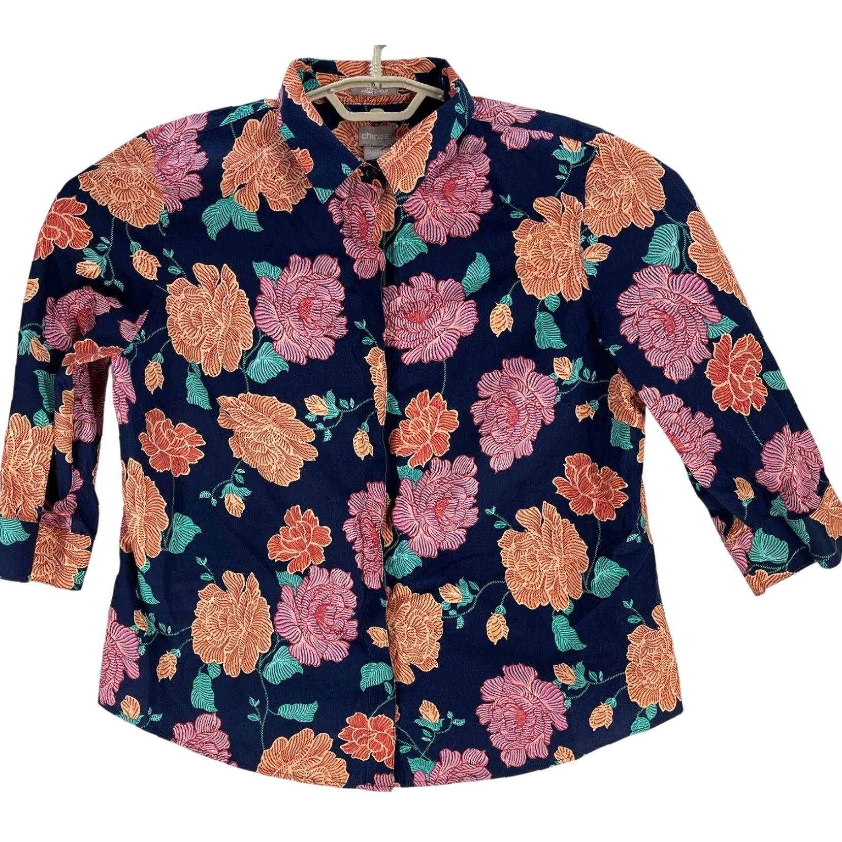 Vintage Chicos Blouse 12 Orange Pink Floral 100% Cotton Button-Up Long Sleeve Casual Shirt Womens Size XL / US 12-14 / IT 48-50 - 3 Thumbnail