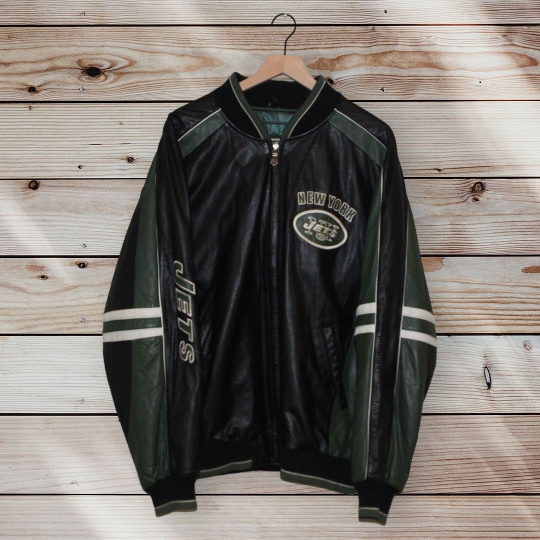 image of G Iii Vintage New York Jets Black Leather Bomber Jacket G-Iii, Men's (Size XL)