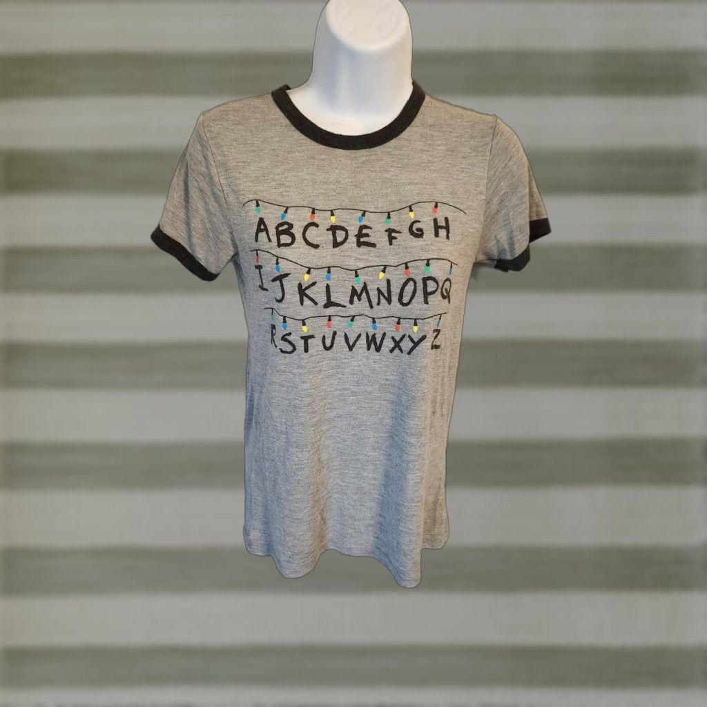 Vintage Stranger Things Womens Small Christmas Lights Gray Ringer Tee Short Sleeve T-Shirt, Juniors, XS? Size 28" / US 6 / IT 42 - 1 Thumbnail
