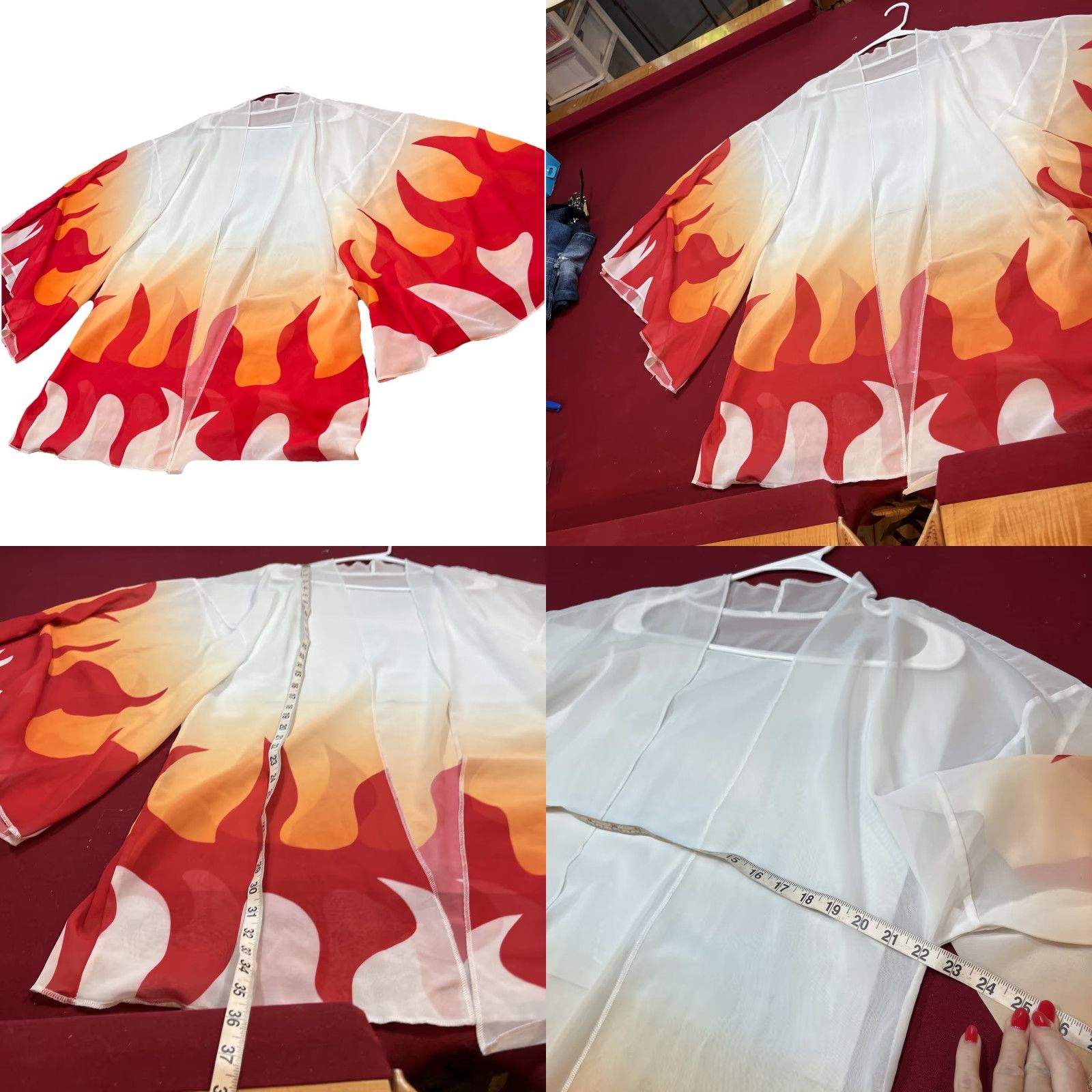 Vintage Flame FIRE Open Front Kimono Flowy Sheer Jacket Cardigan Red Orange Wide Sleeve Size ONE SIZE - 9 Thumbnail