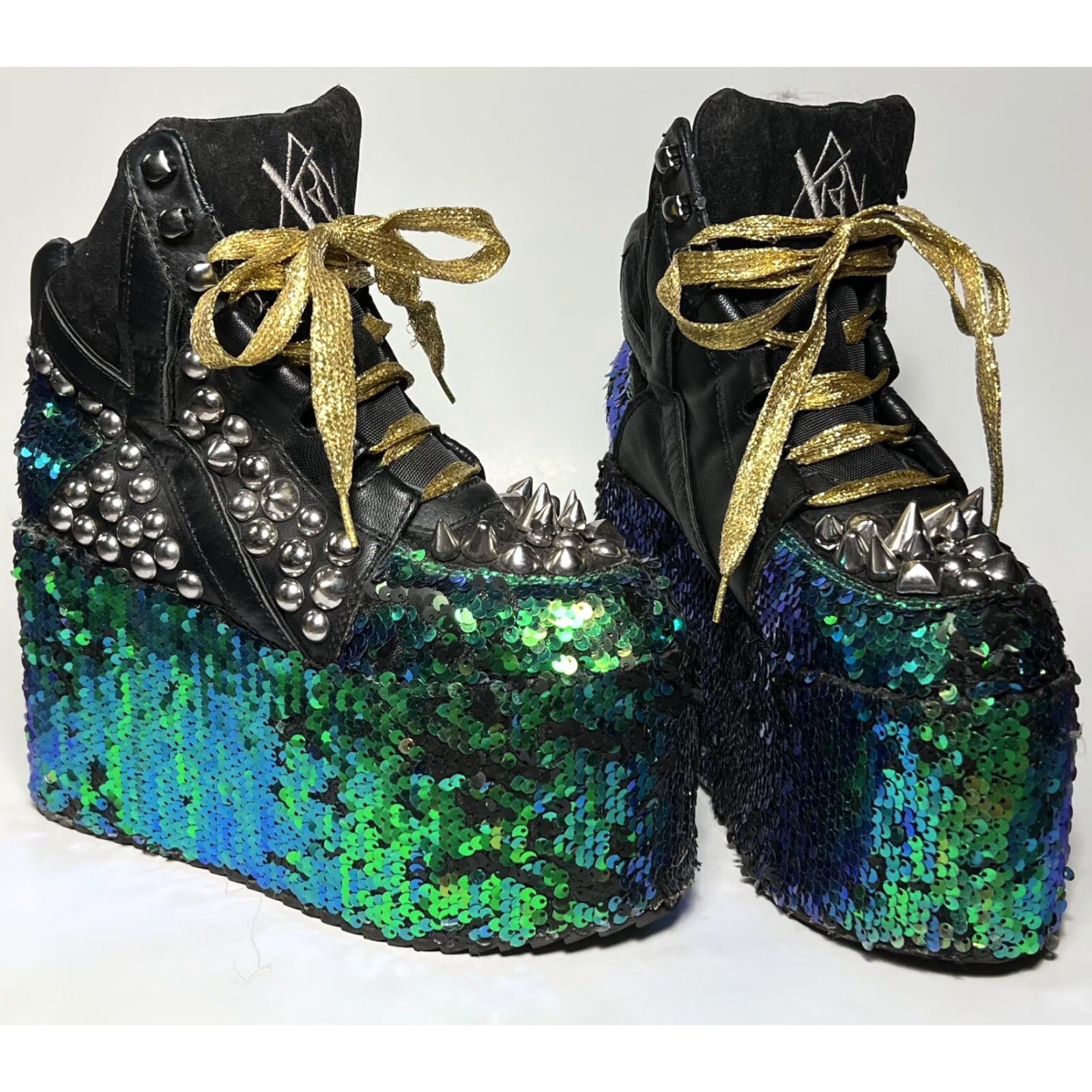 Vintage YRU Qozmo High Top Platform Boots Women's 7 Black Blue Green Sequin Studded Punk Gothic 80s Size M / US 6-8 / IT 42-44 - 3 Thumbnail