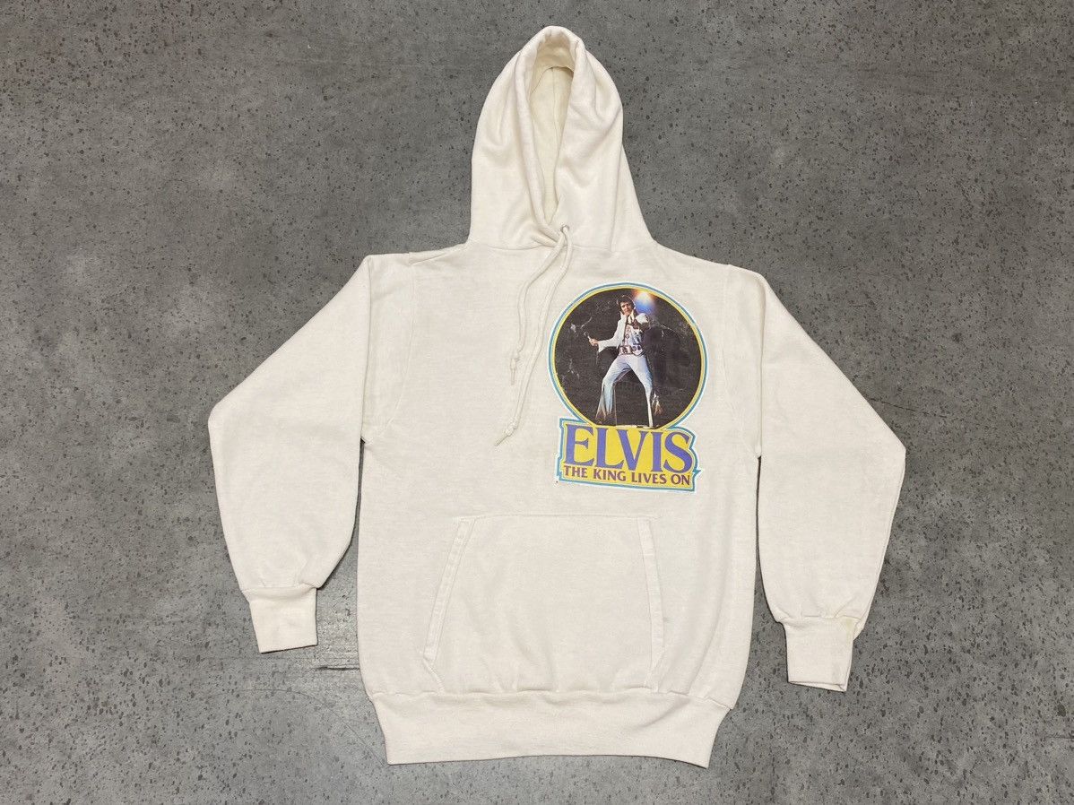 image of Made In USA x Vintage 1977 Elvis Presley The King Lives On Retro Hoodie in White, Men's (Size Small