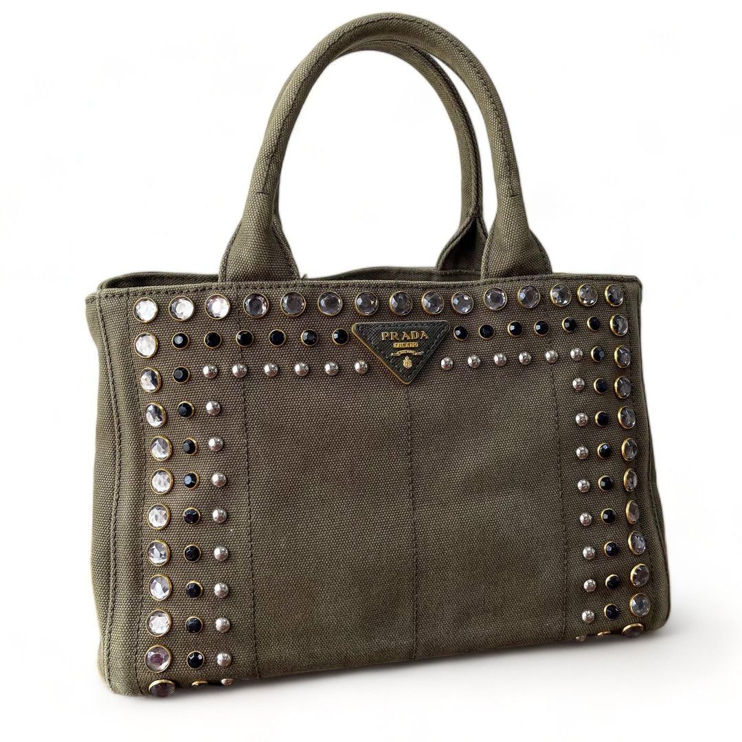 image of Prada - Vintage Canapa Bijou Triangle Plat Hand Bag Khaki, Women's