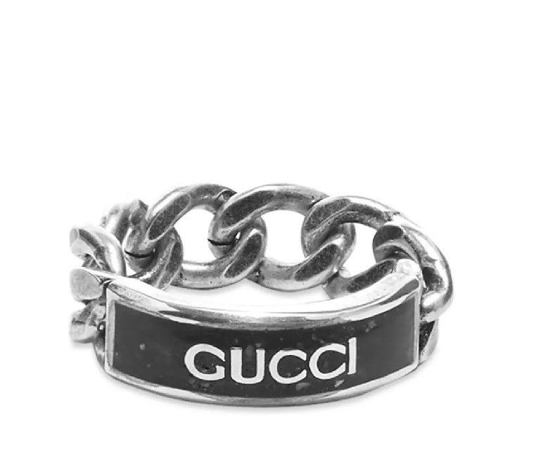 Gucci Enamel Tag Chain Ring Black Ag 925