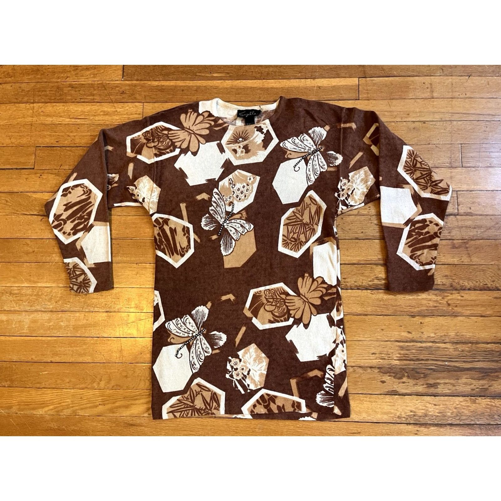 Vintage VINTAGE Suzelle Butterfly Sweater Women’s M Brown Sequin Beaded 80s Lambswool Angora Knit Pullover Crew Neck Floral Pattern Mens Girls Womens Size M / US 6-8 / IT 42-44 - 2 Thumbnail
