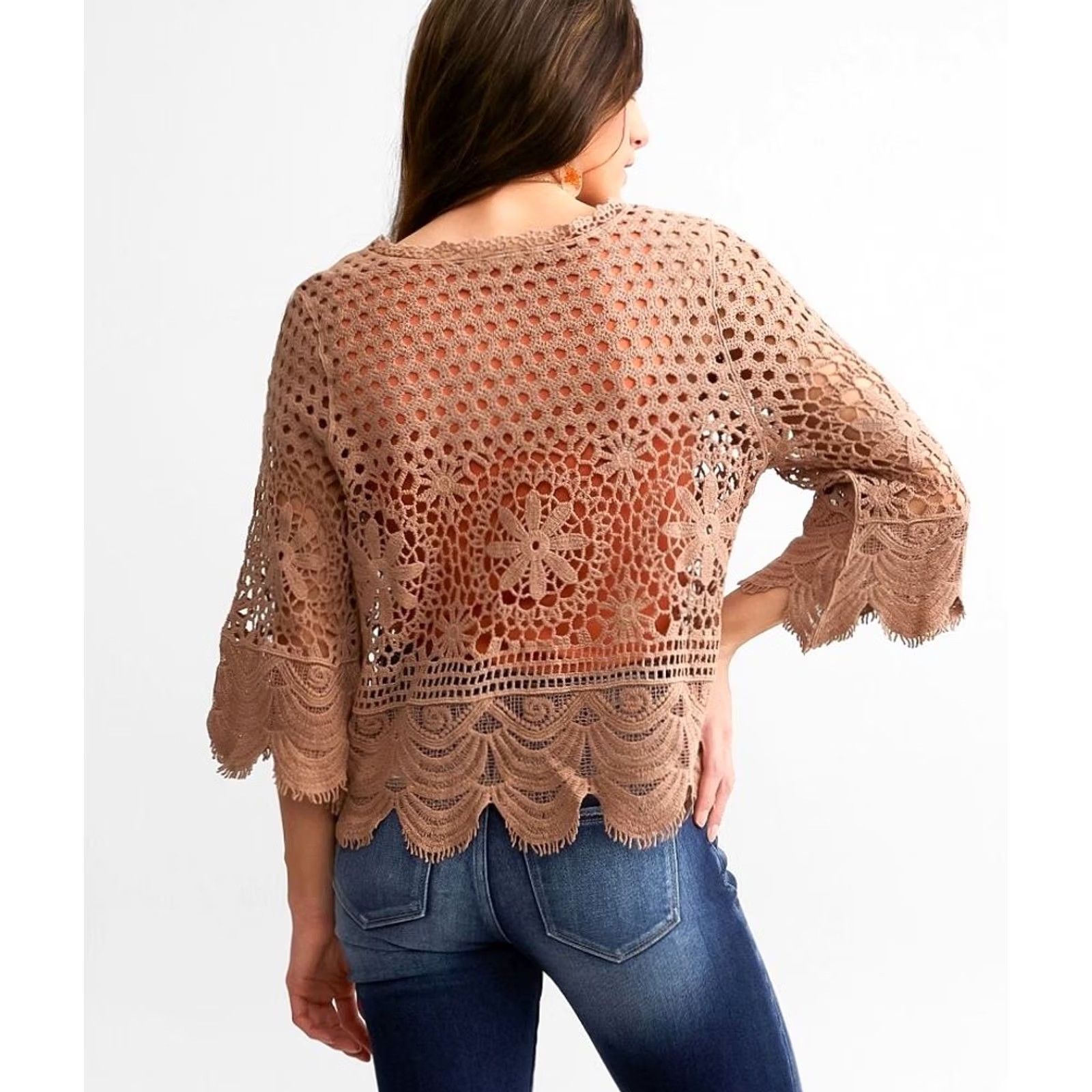 Vintage Buckle Daytrip Women Blouse 3/4 Sleeve Top M Chanterelle Open Weave Eyelash Crochet Lace Brown Scalloped Crochet Breathable Lightweight Casual Knit Size M / US 6-8 / IT 42-44 - 5 Thumbnail