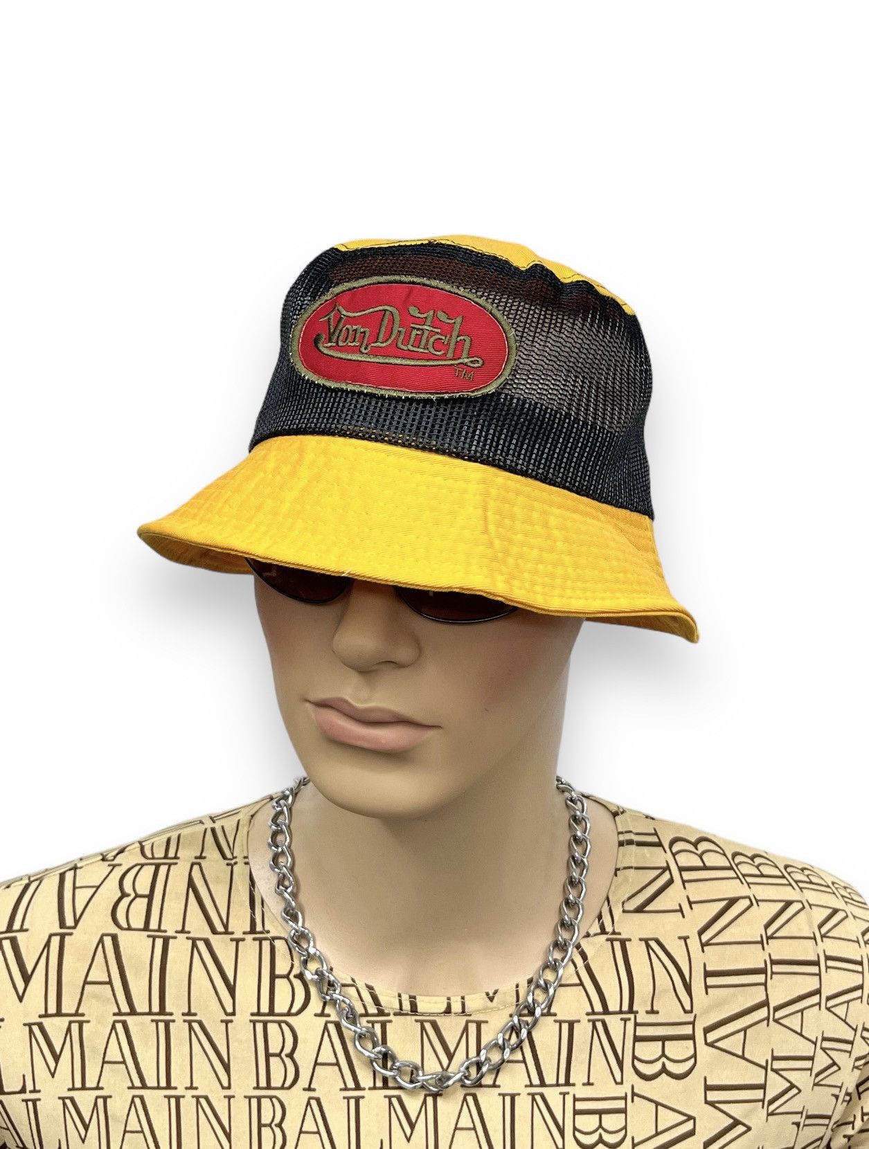 image of Fyevintage 90’S Von Dutch Mesh Poly-Cotton Bucket Hat in Yellow/Black, Men's
