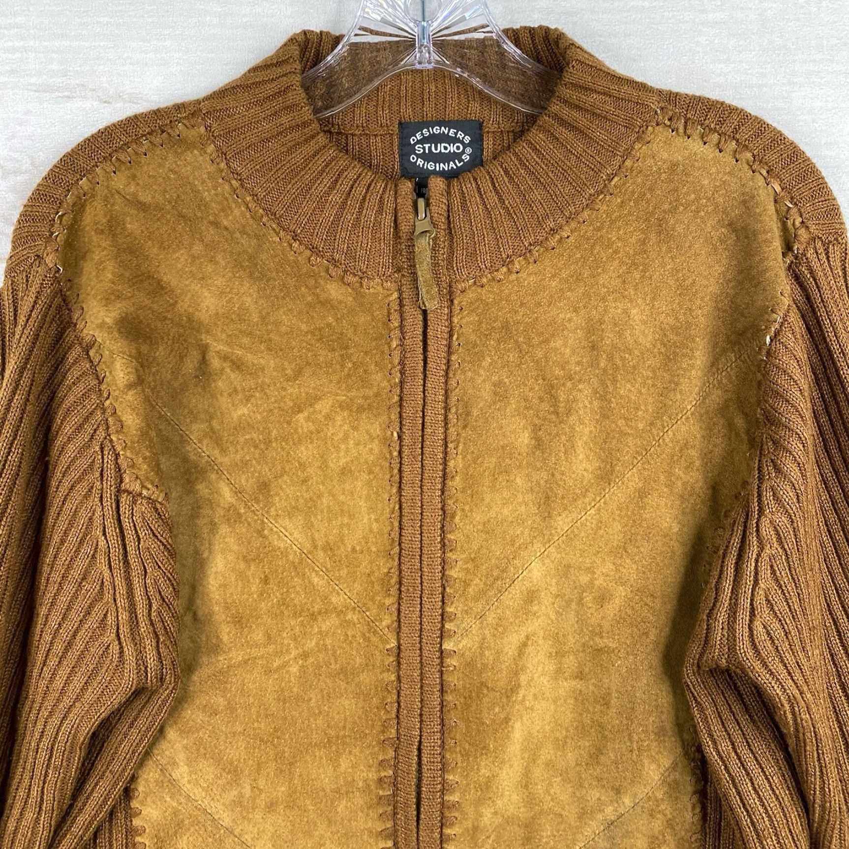 Vintage Designers Originals Zip Cardigan Sweater M Brown Leather Knit 80s /Knit Zipper Slim Women Size M / US 6-8 / IT 42-44 - 2 Thumbnail