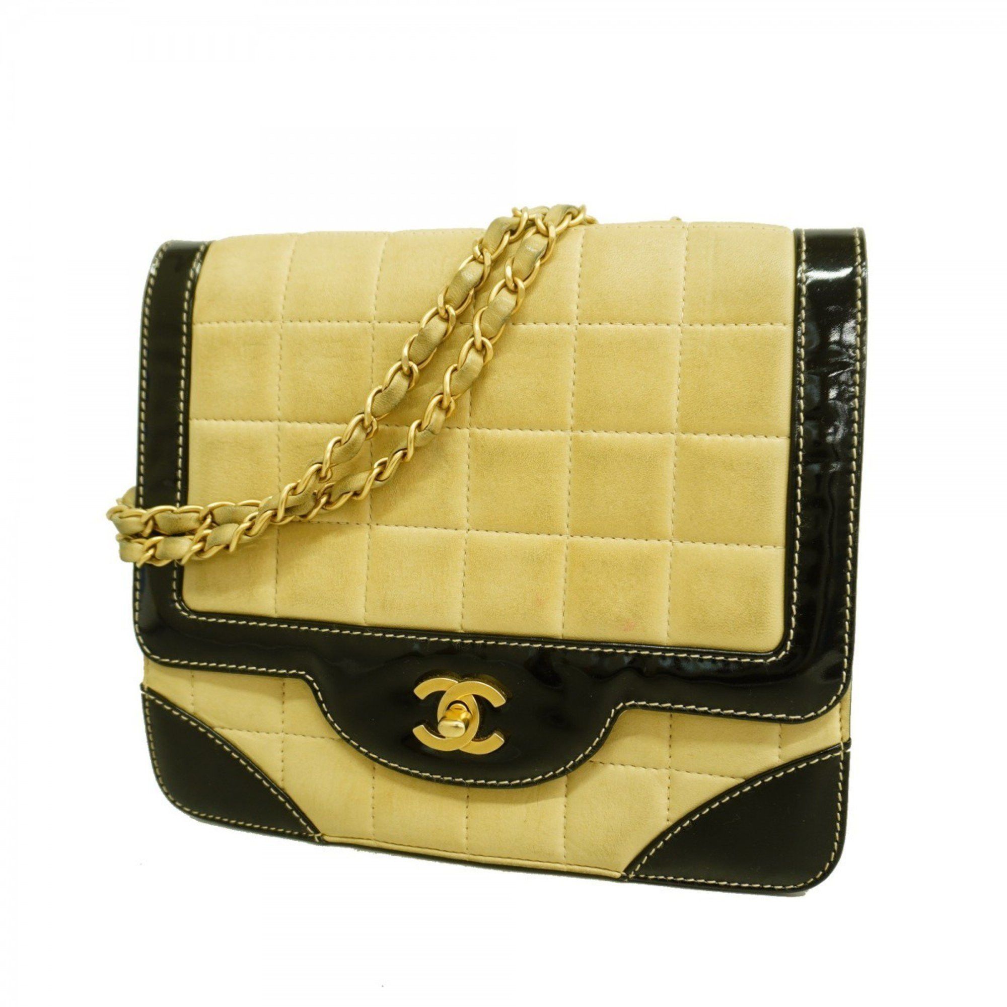 Chanel Shoulder Bag Chocolate Bar W Chain Lambskin Patent Leather Beige Black Women's