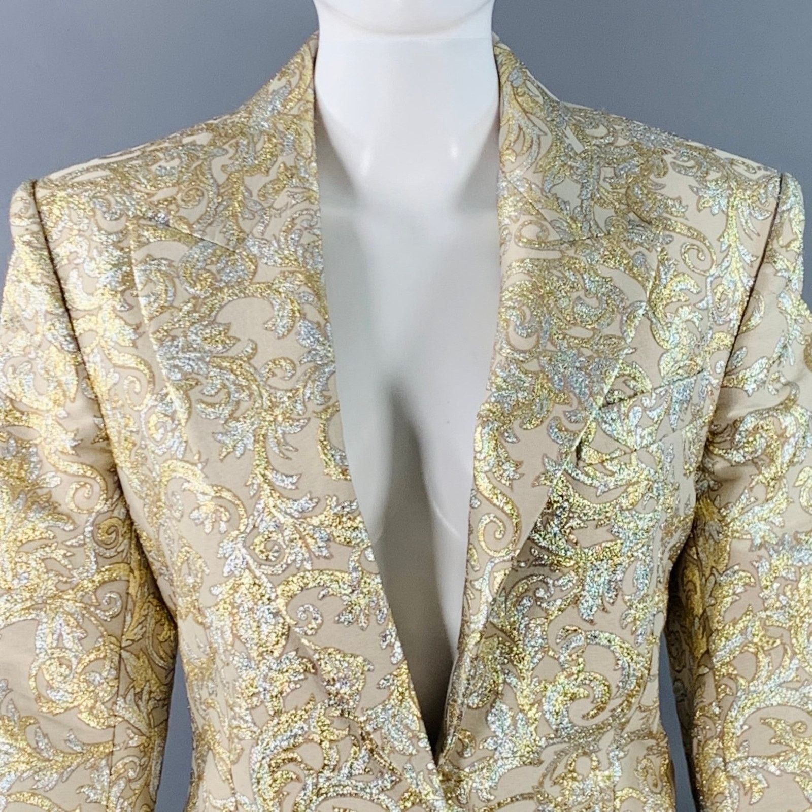 Stella McCartney Metallic Gold Silver Polyamide Jacquard Peak Lapel Pantsuit Size 26" / US 2 / IT 38 - 2 Thumbnail