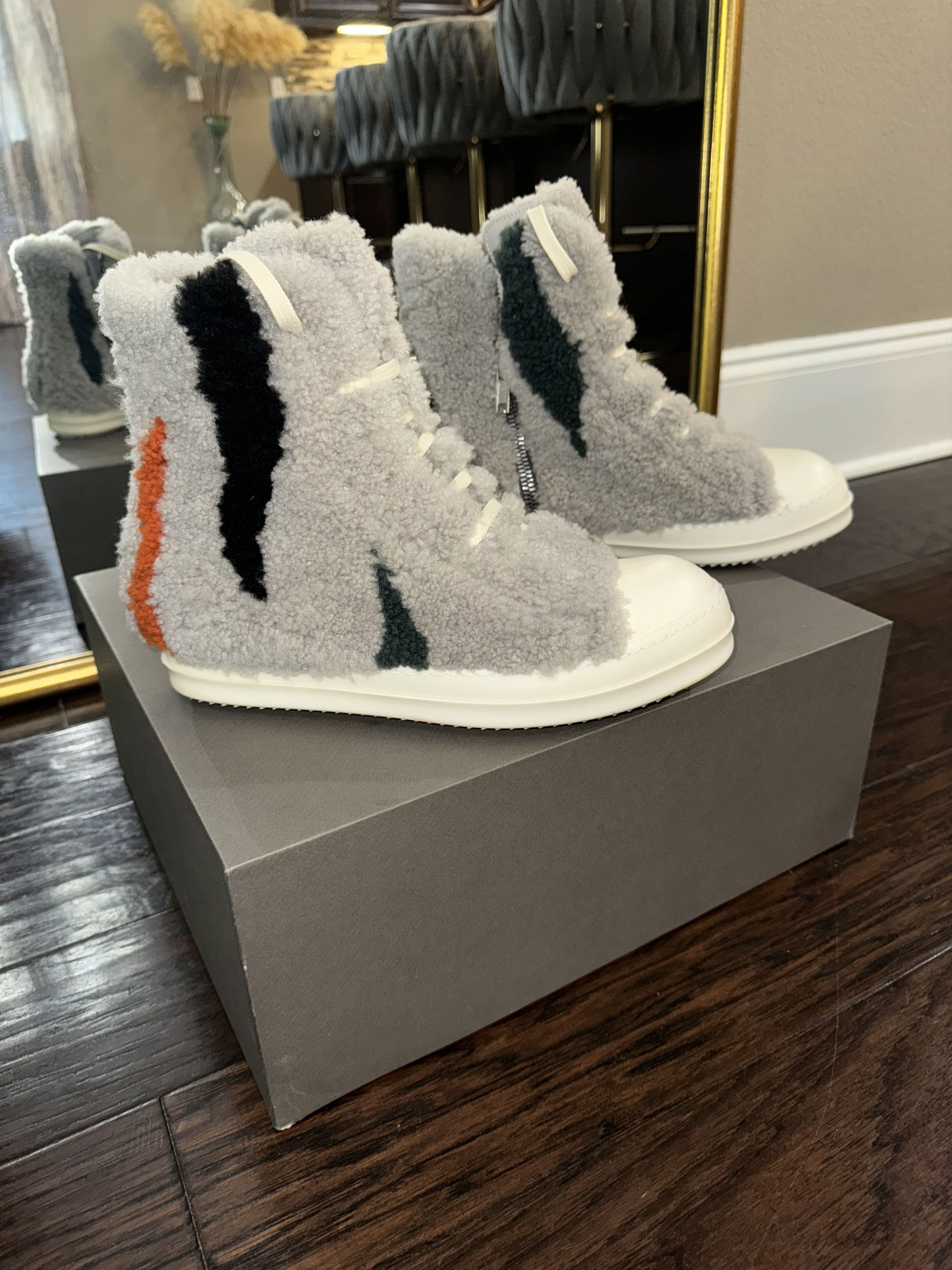 image of Rick Owens Shearling Sneakers in Pearl Zebra, Men's (Size 8)