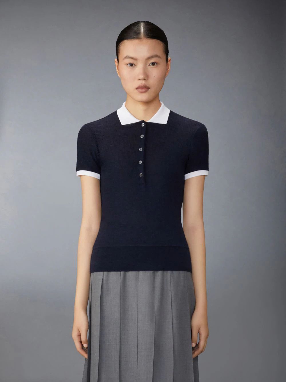 Thom Browne o1s22i1n0924 Short-Sleeved Wool Polo Shirt in Navy Blue Size M / US 6-8 / IT 42-44 - 2 Thumbnail