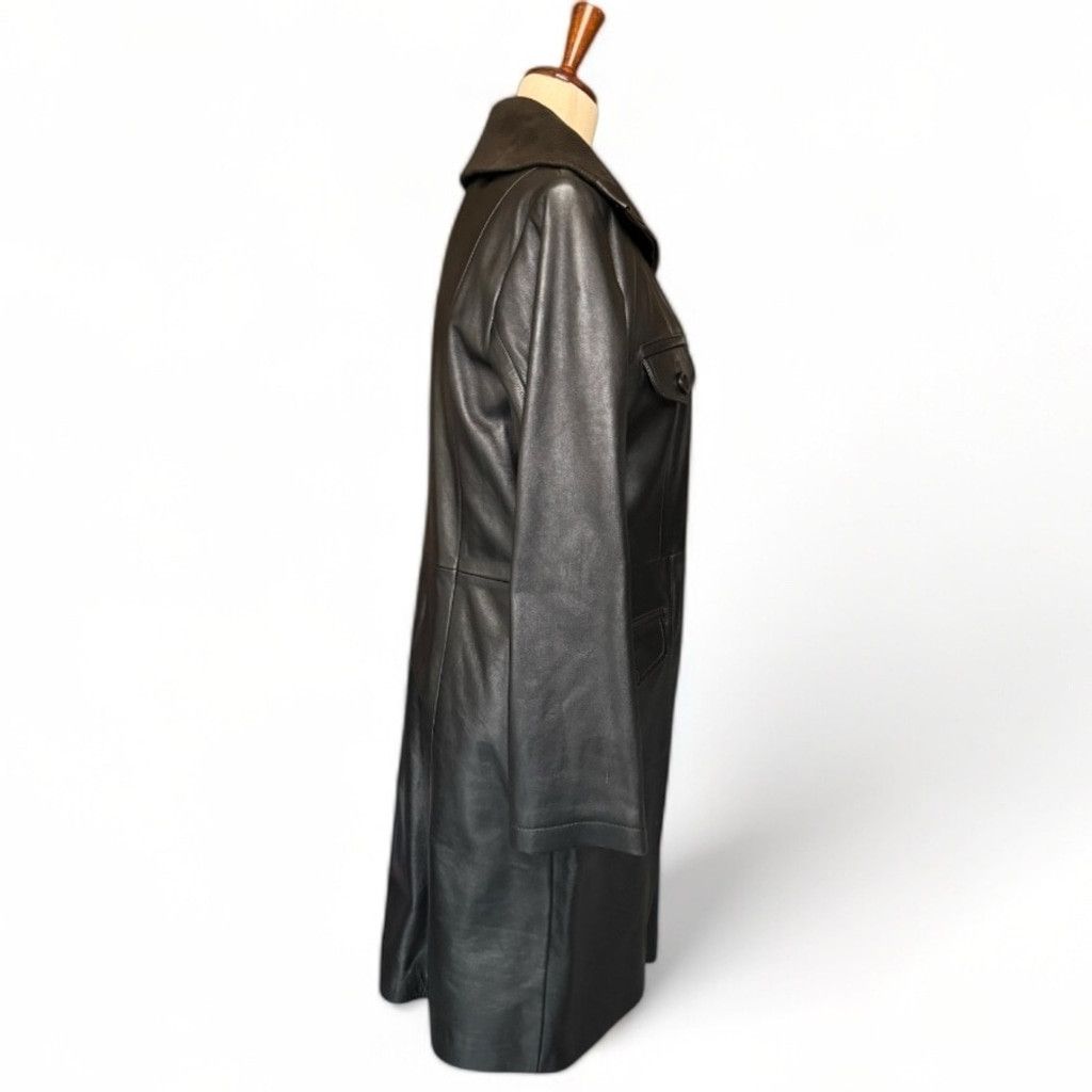 Vintage Long Leather Coat Knit Collar Vintage Black Large Unisex Size L / US 10 / IT 46 - 3 Thumbnail