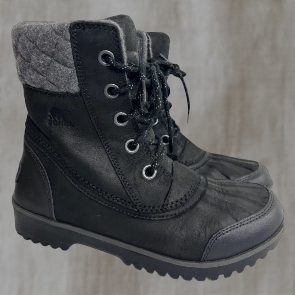 Sorel Meribel Lace Up Black Leather Boot Women Size 8 Winter Shoe Boots