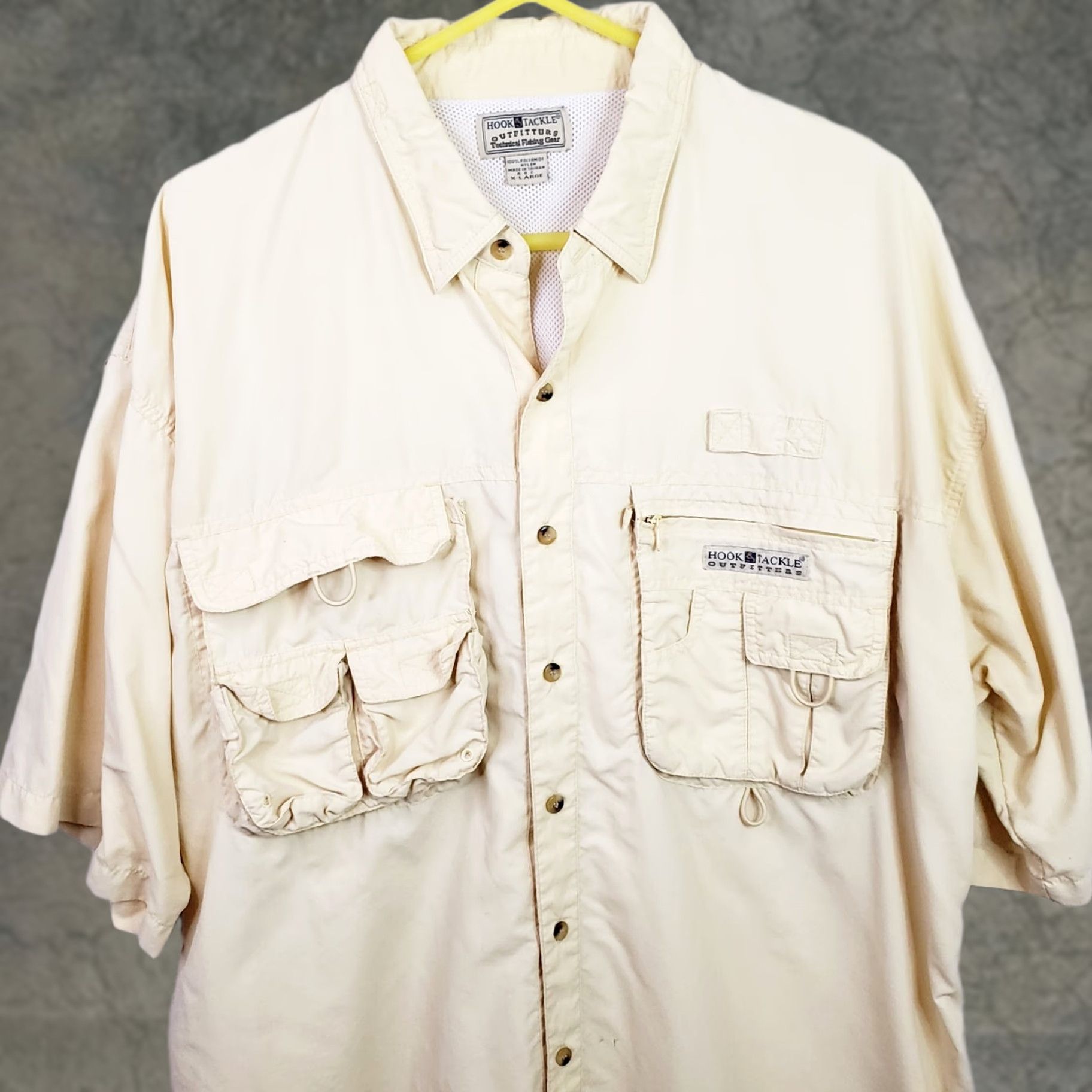 Vintage Hook & Tackle Shirt Men's XL Yellow Outdoor Technical Fishing Gear Vented Zipper Button-Down Collared Short Sleeve Regular Fit UV Protection Pockets Size US XL / EU 56 / 4 - 1 Thumbnail