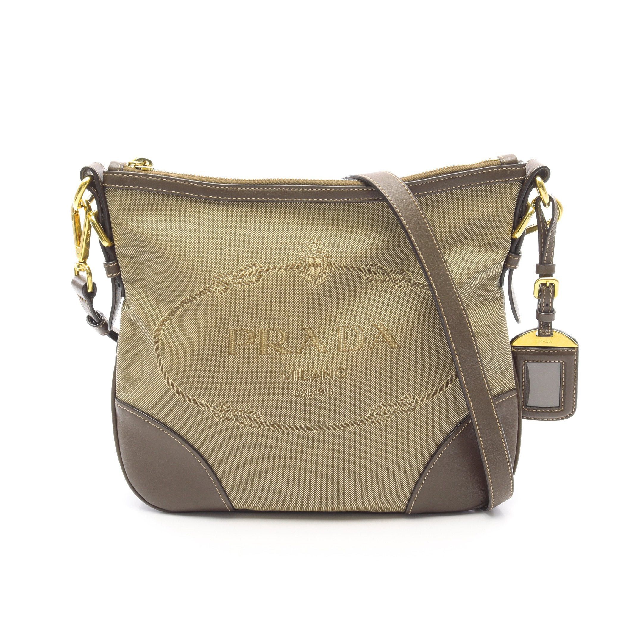 Prada Prada Logo Jacquard Shoulder Bag Canvas Leather Beige Dark Brown Size ONE SIZE - 1 Thumbnail