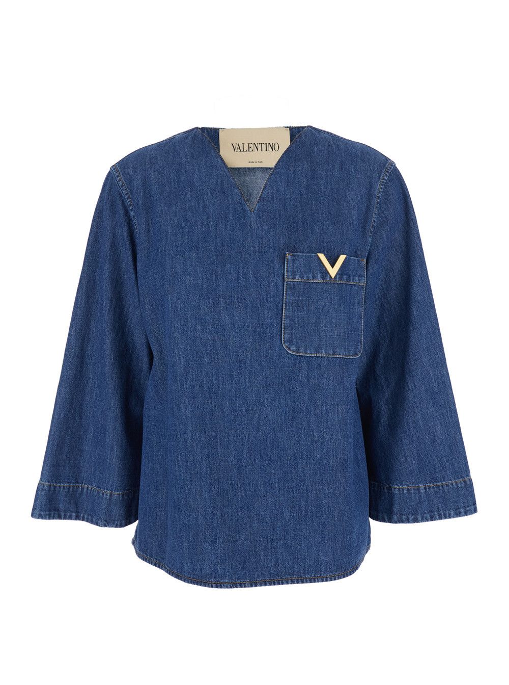 Valentino V-Neck Blouse with VLogo Plaque on the Front in Blue Cotton for Women Size M / US 6-8 / IT 42-44 - 1 Thumbnail
