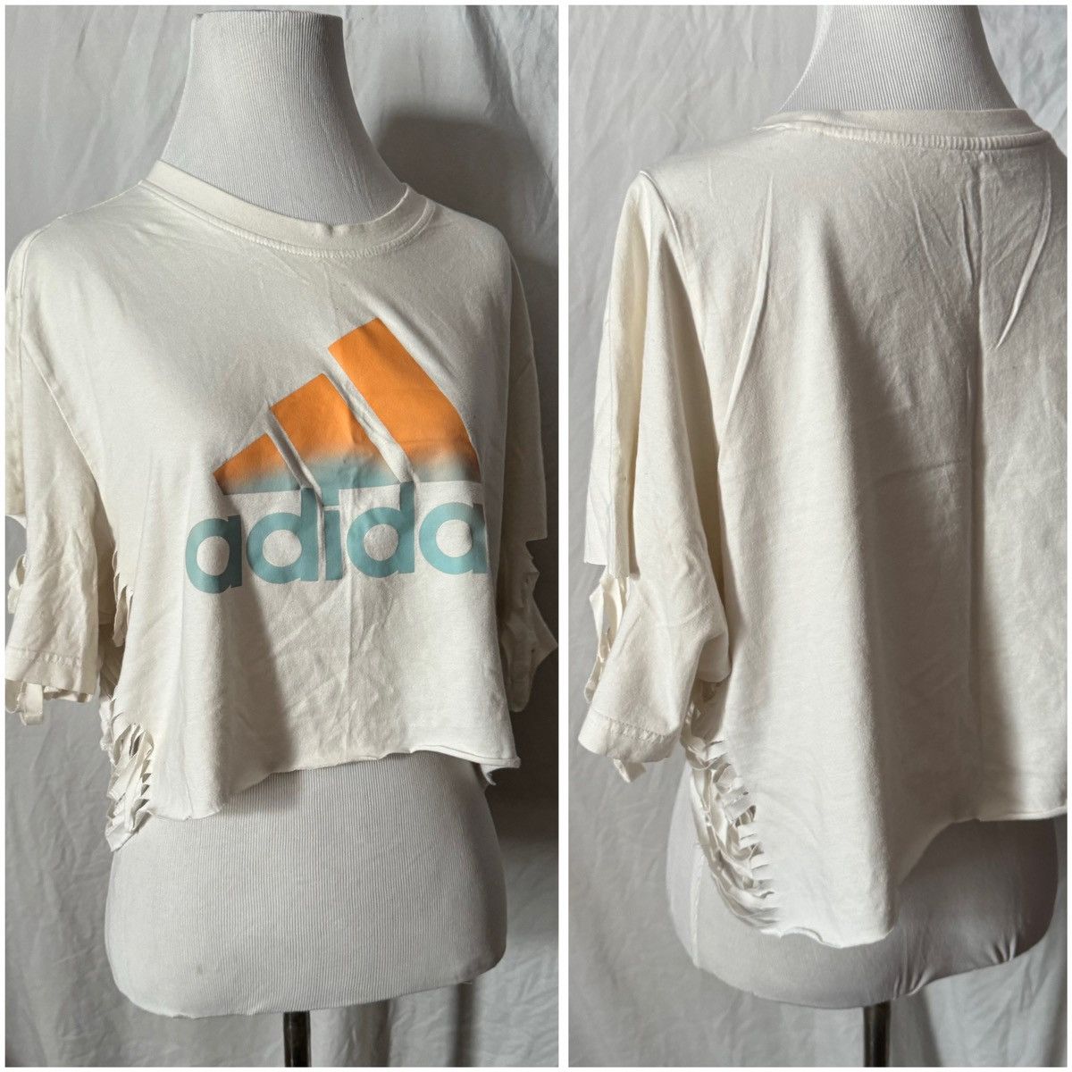 Adidas Adidas, Raw Hem, Sleeve & Side Fringe, Crop Top, Casual Tee Size L / US 10 / IT 46 - 10 Thumbnail