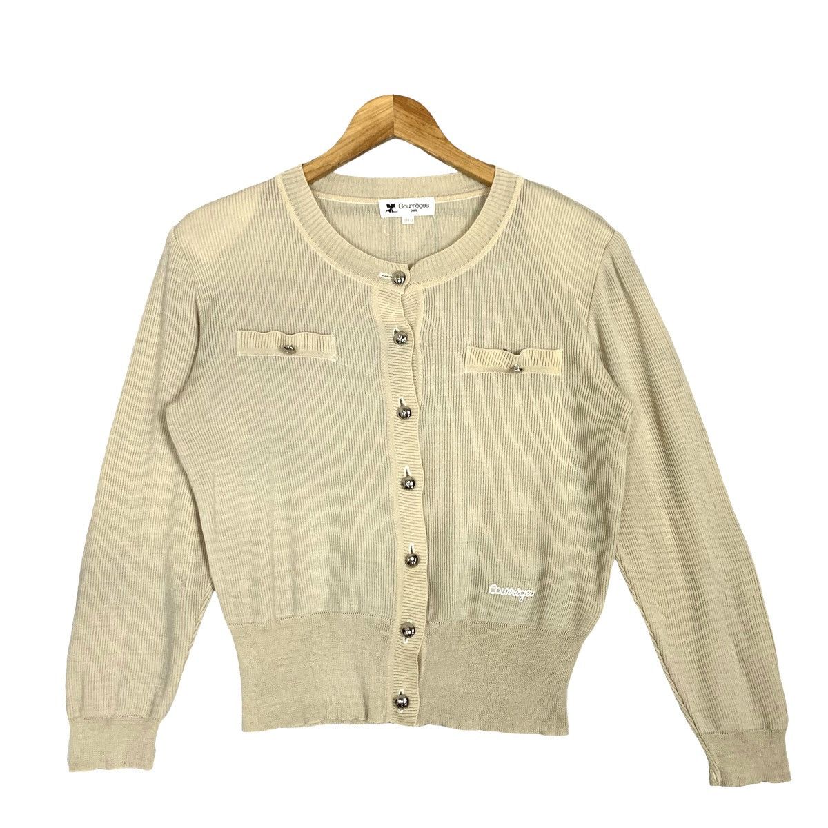 Image of Vintage Courreges Paris Women Style Button Up Cardigan in Beige (Size Small)