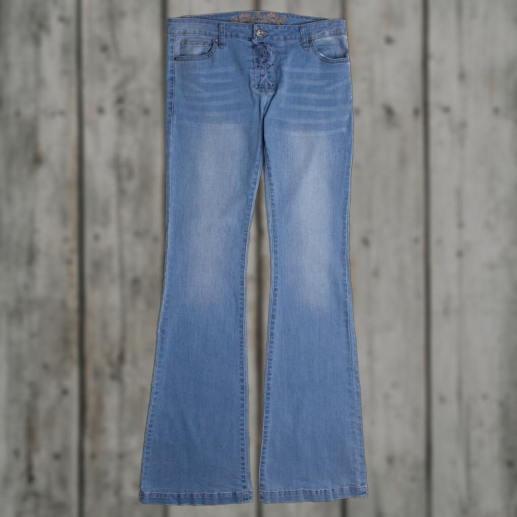 Denime VINTAGE 2000s Blue Lace-Up Wax Denim Jeans 32" Flare Leg Size US 32 / EU 48 - 1 Thumbnail