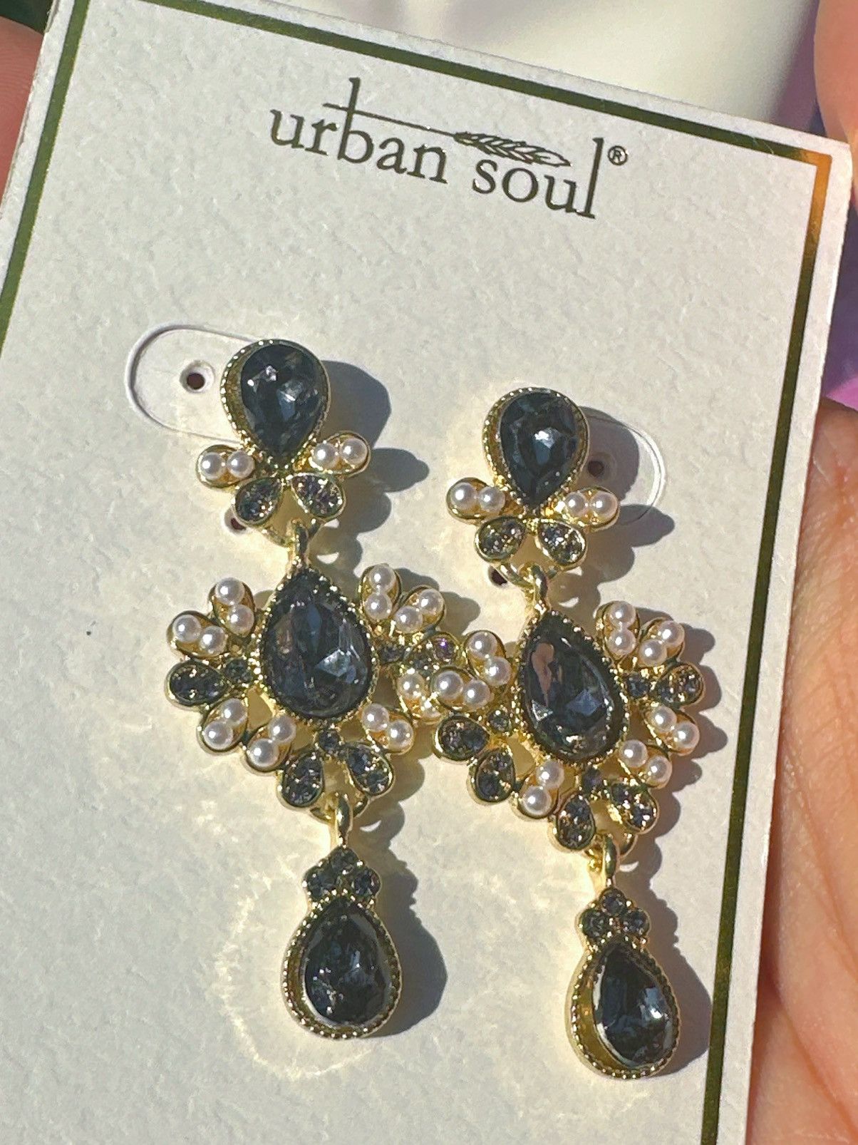 Designer Urban soul earrings gold tone gray crystals white beads drop Size ONE SIZE - 2 Thumbnail
