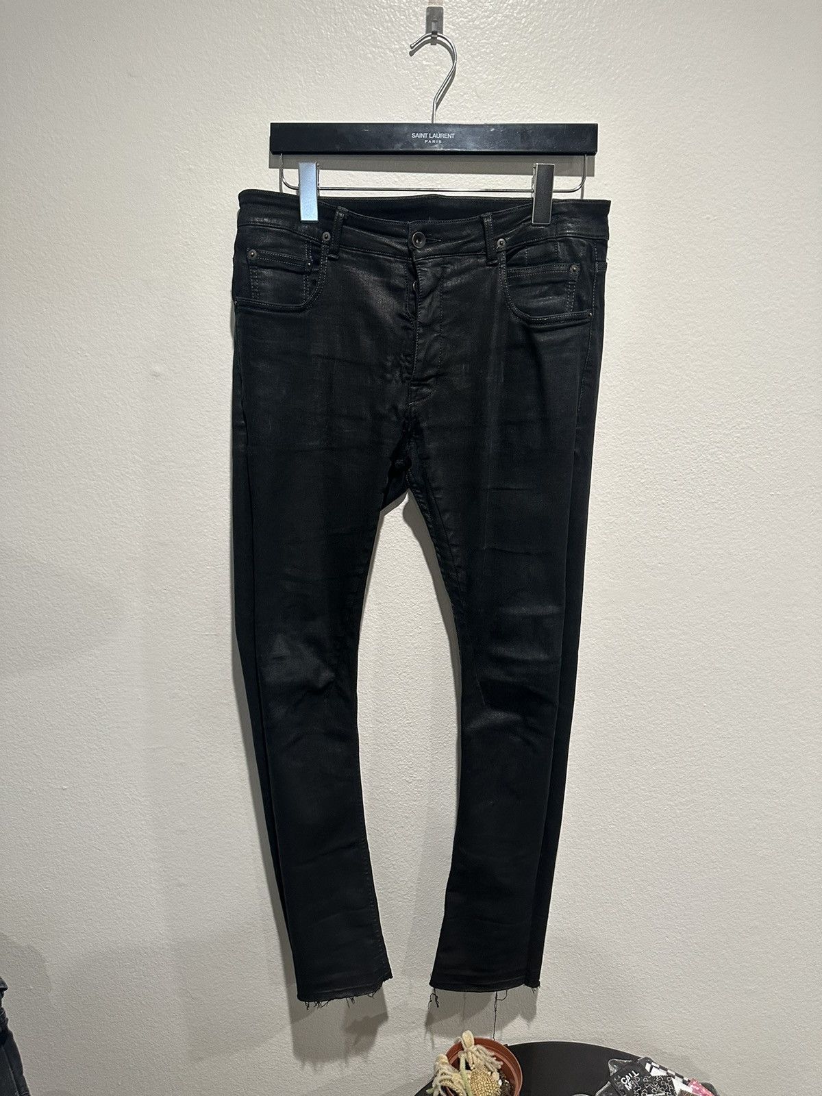 image of Rick Owens Fw17 Waxed Detroit Cut Denim Jeans in Black, Men's (Size 32)