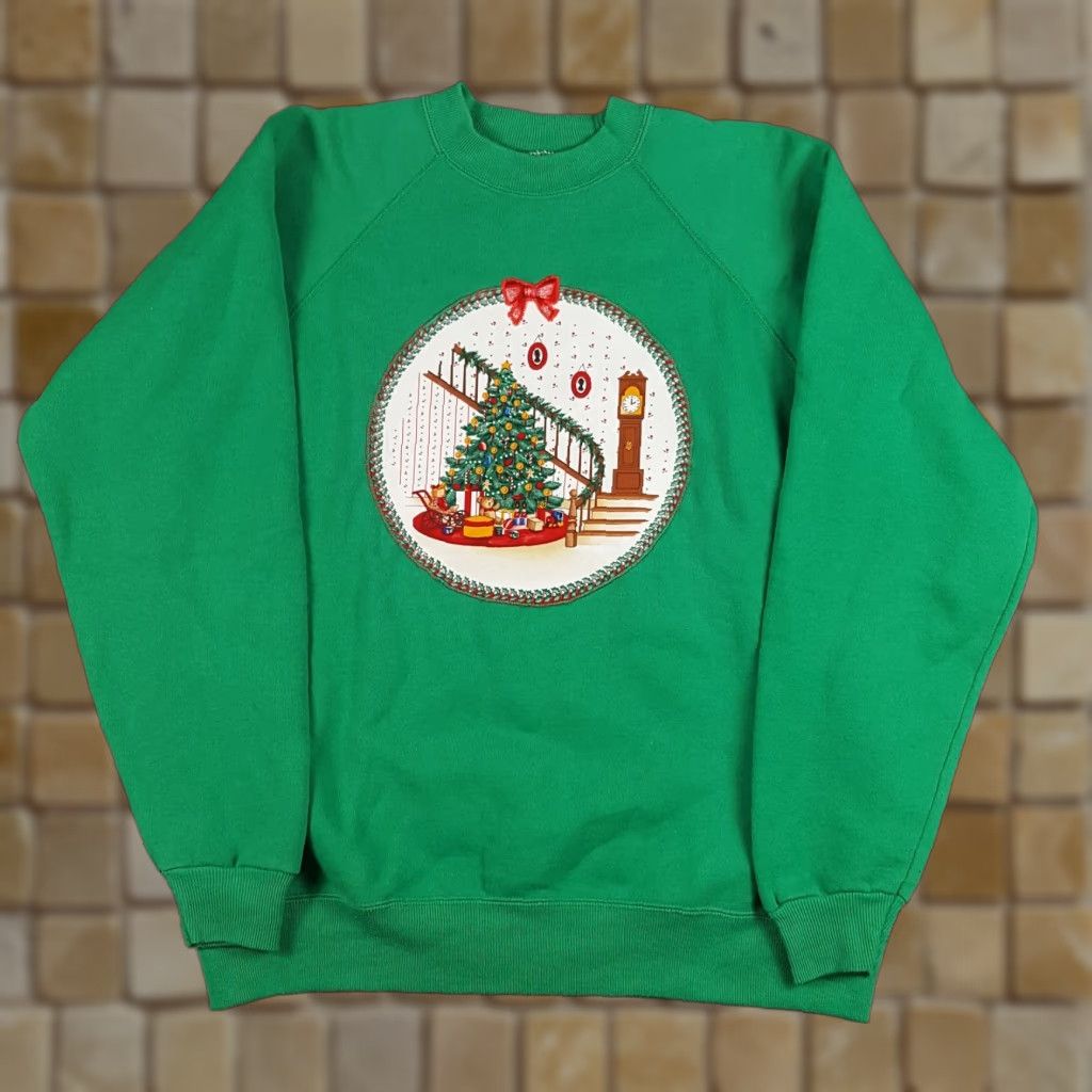 Hanes Vintage 80s Christmas Tree Clock Sz L Pullover Crewneck Sweatshirt Ugly Sweater Hanes Mens Regular Green Cotton Polyester Cotton Blend Size US L / EU 52-54 / 3 - 1 Thumbnail