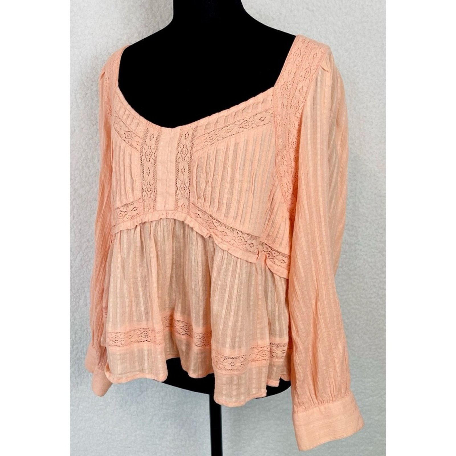 American Eagle Outfitters AMERICAN EAGLE • Peach Boho Long Sleeve Babydoll Blouse Size L / US 10 / IT 46 - 6 Thumbnail