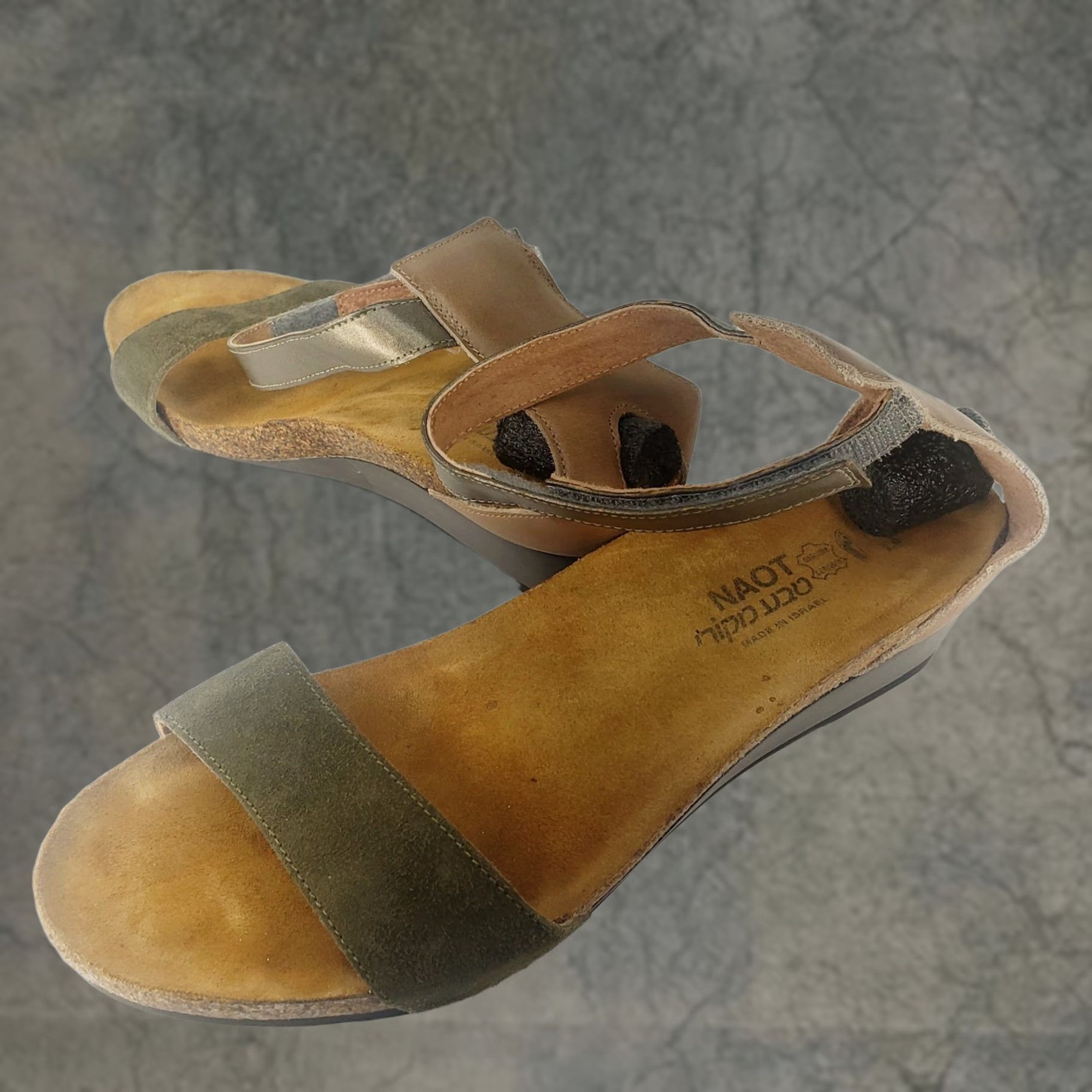 Vintage Naot Sandal Pixie Green Beige Silver Metallic Ankle Strap Slingback Wedge 9M Adult Womens Size US 9 / IT 39 - 1 Thumbnail