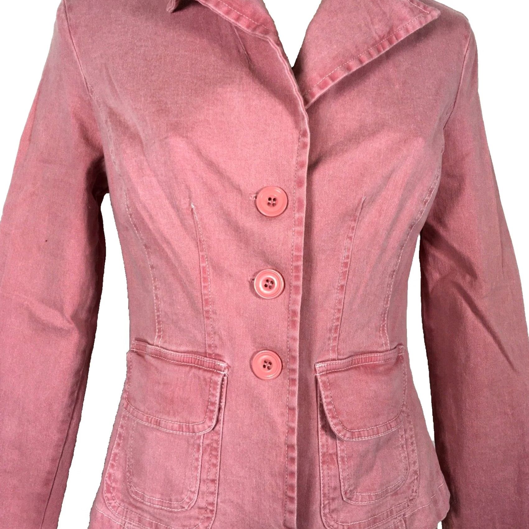 Guess VINTAGE GUESS Blazer Shirt Women XS Pink Red 90s Y2K Denim Cotton Blend USA Made Three Button Distressed Size XS / US 0-2 / IT 36-38 - 3 Thumbnail