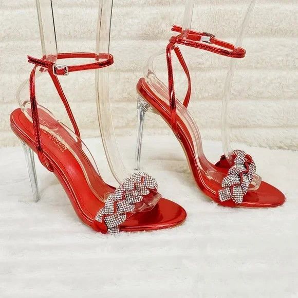 Other Eva Red Metallic Braided Rhinestone Stiletto Heel Wrap Strap Size US 9 / IT 39 - 1 Thumbnail