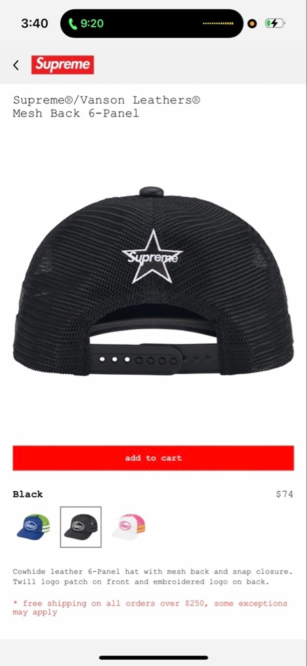 Supreme Supreme x Vanson Leathers Mesh Back 6-Panel Hat Black Size ONE SIZE - 3 Thumbnail