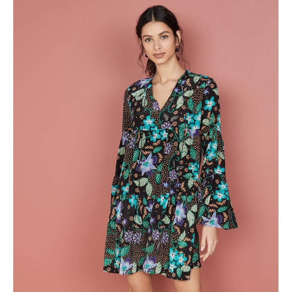 New Warm Silk Garden Tiered Floral Boho Mini Dress $450